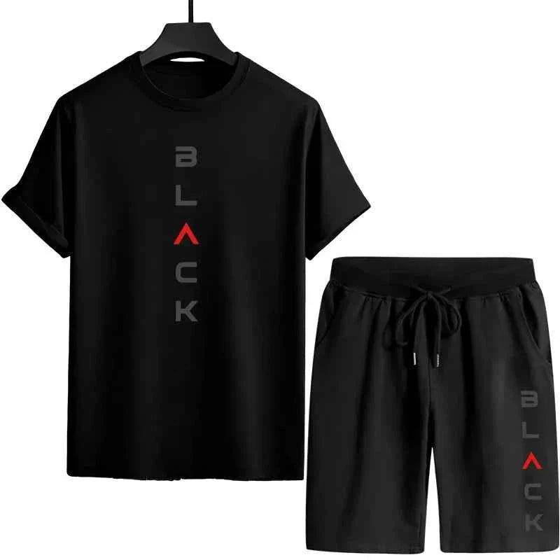 Men's black letter print summer short set by THRIXINE, featuring a casual short-sleeve shirt and matching shorts.