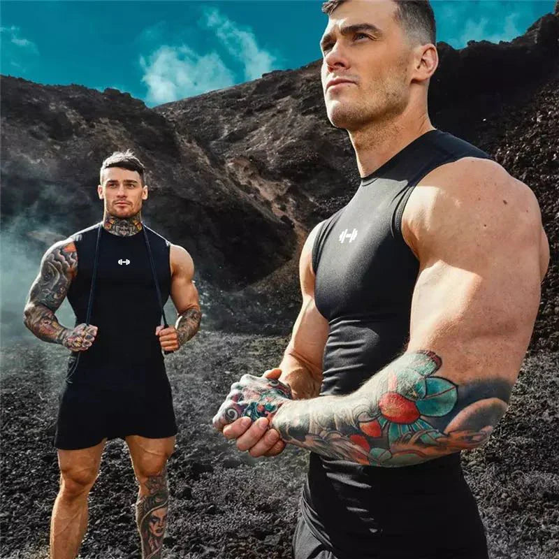 Men's THRIXINE compression running vest in quick-drying fabric, shown in black with adjustable shoulder straps.