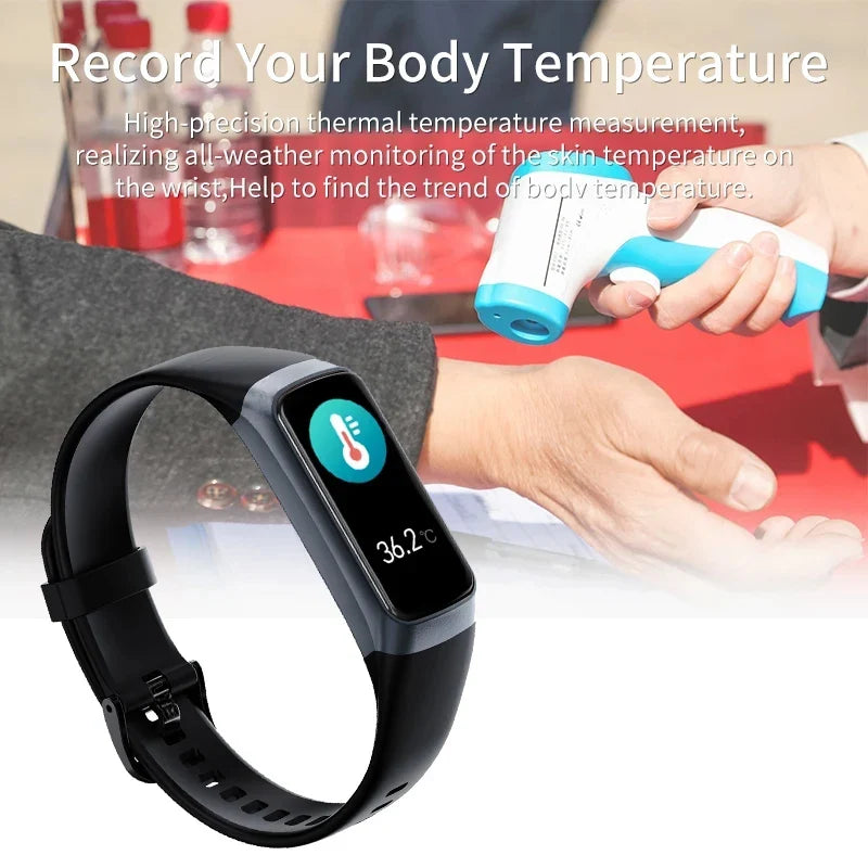 ARBA Global smartwatch displaying heart rate and body temperature, waterproof fitness tracker bracelet for men and women.