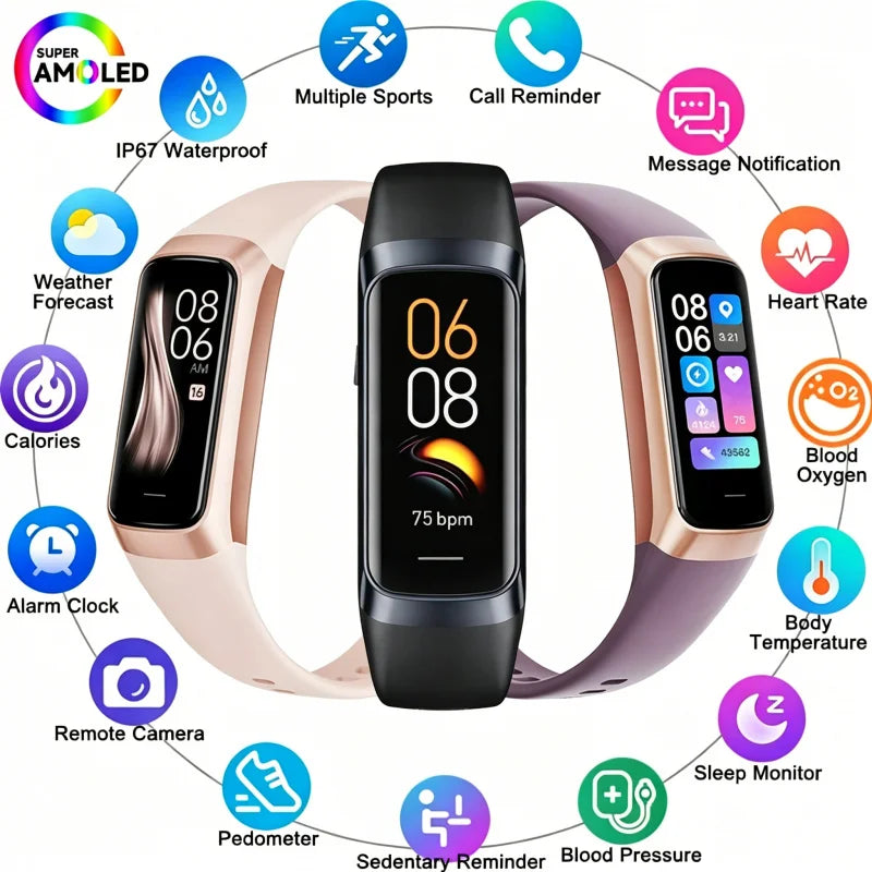 ARBA Global smartwatch displaying heart rate, body temperature, and fitness tracking features, waterproof design for men and women.