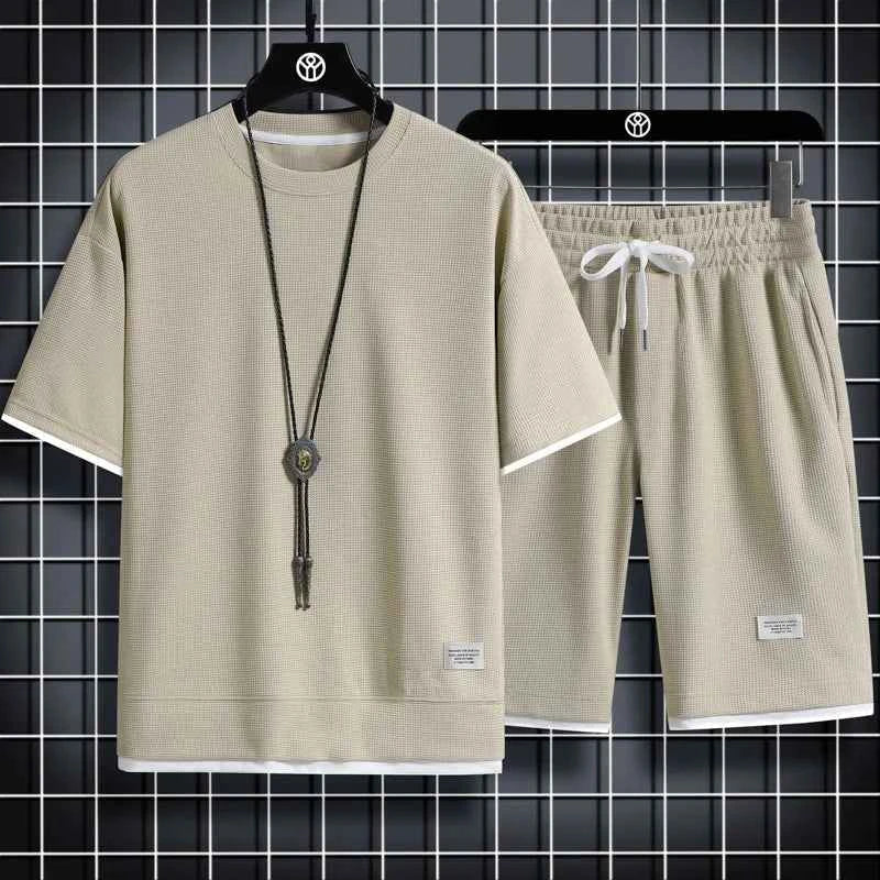 Men's quick-dry summer running set by THRIXINE, featuring lightweight, breathable athletic shirts and shorts for active wear.