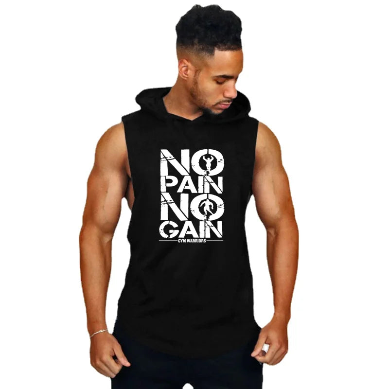 Men's sleeveless hooded gym tank top by THRIXINE, showcasing the black athletic sleeveless hoodie with a front pocket and drawstring hood.