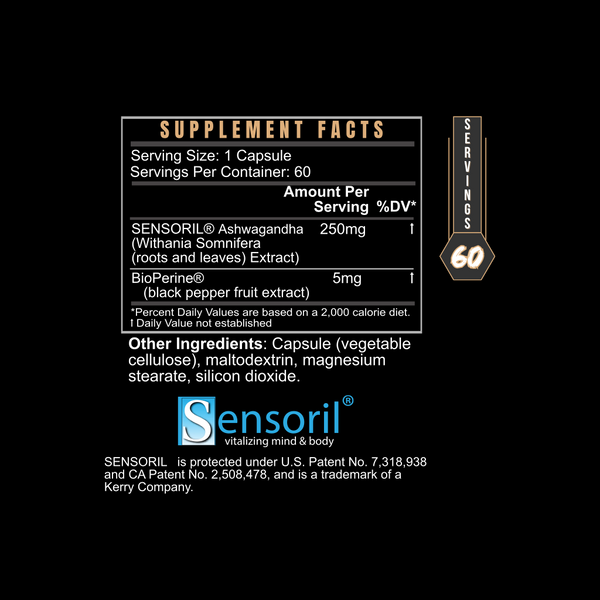 Bottle of BLACKLABEL Supplements SENSORIL Ashwagandha with supplement facts label showing ingredients and nutritional information.