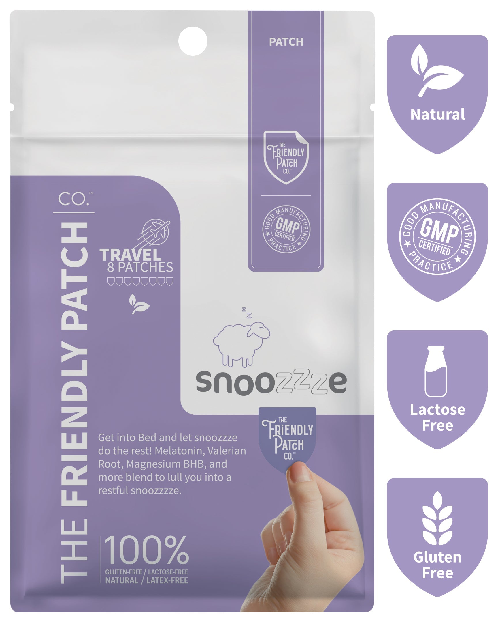 Front view of Friendly Patch Co Snooze Melatonin Sleep Patches, 8-pack wearable skin supplement patches for sleep support.