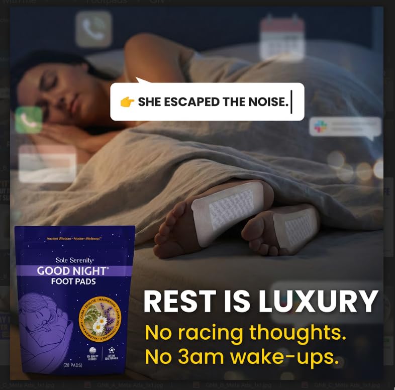 Lure Essentials Good Night Sleep and Detox Foot Pads showing adhesive patches on feet for relaxation and detox purposes