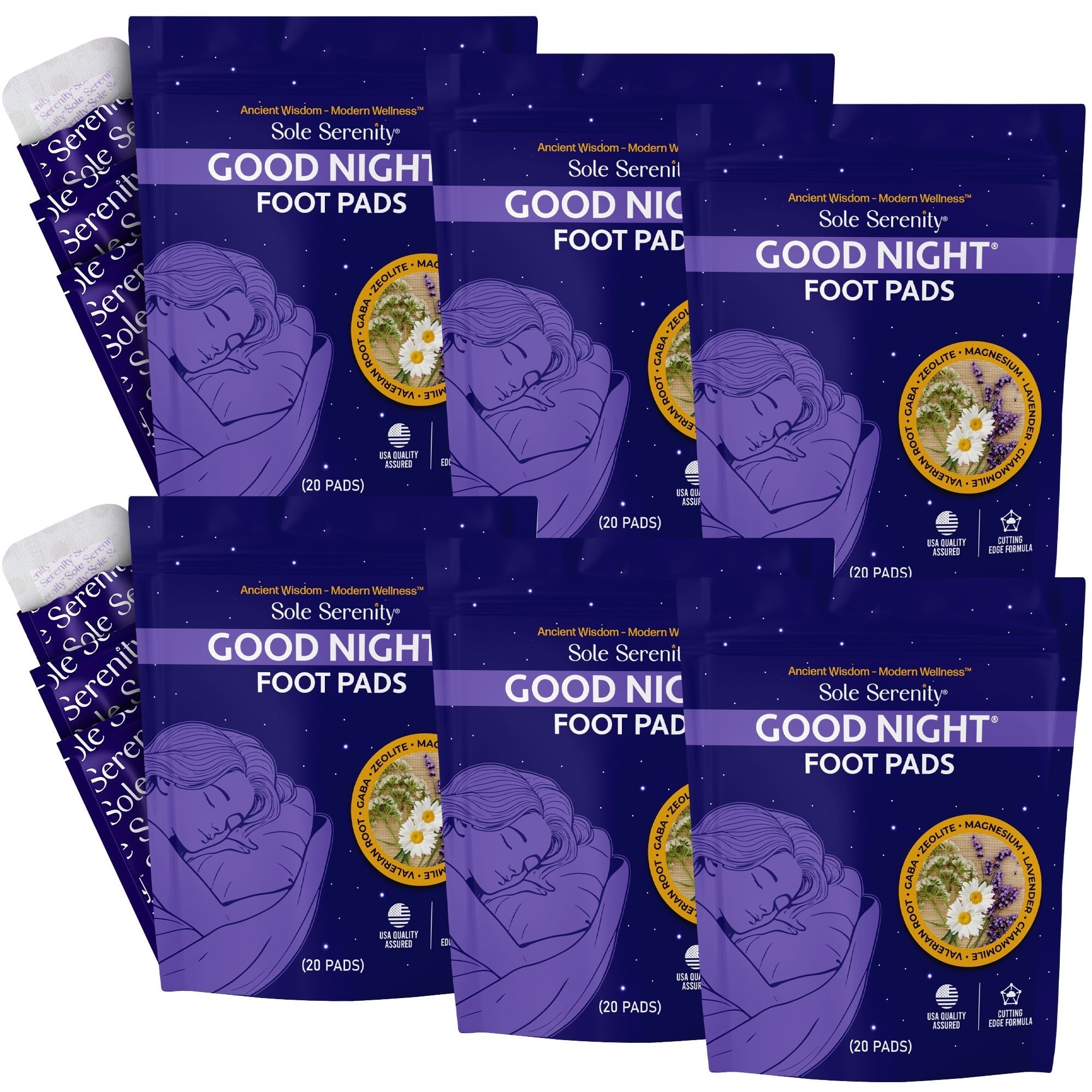 Six packs of Lure Essentials Good Night Sleep and Detox Foot Pads showcasing the product packaging and foot pads.