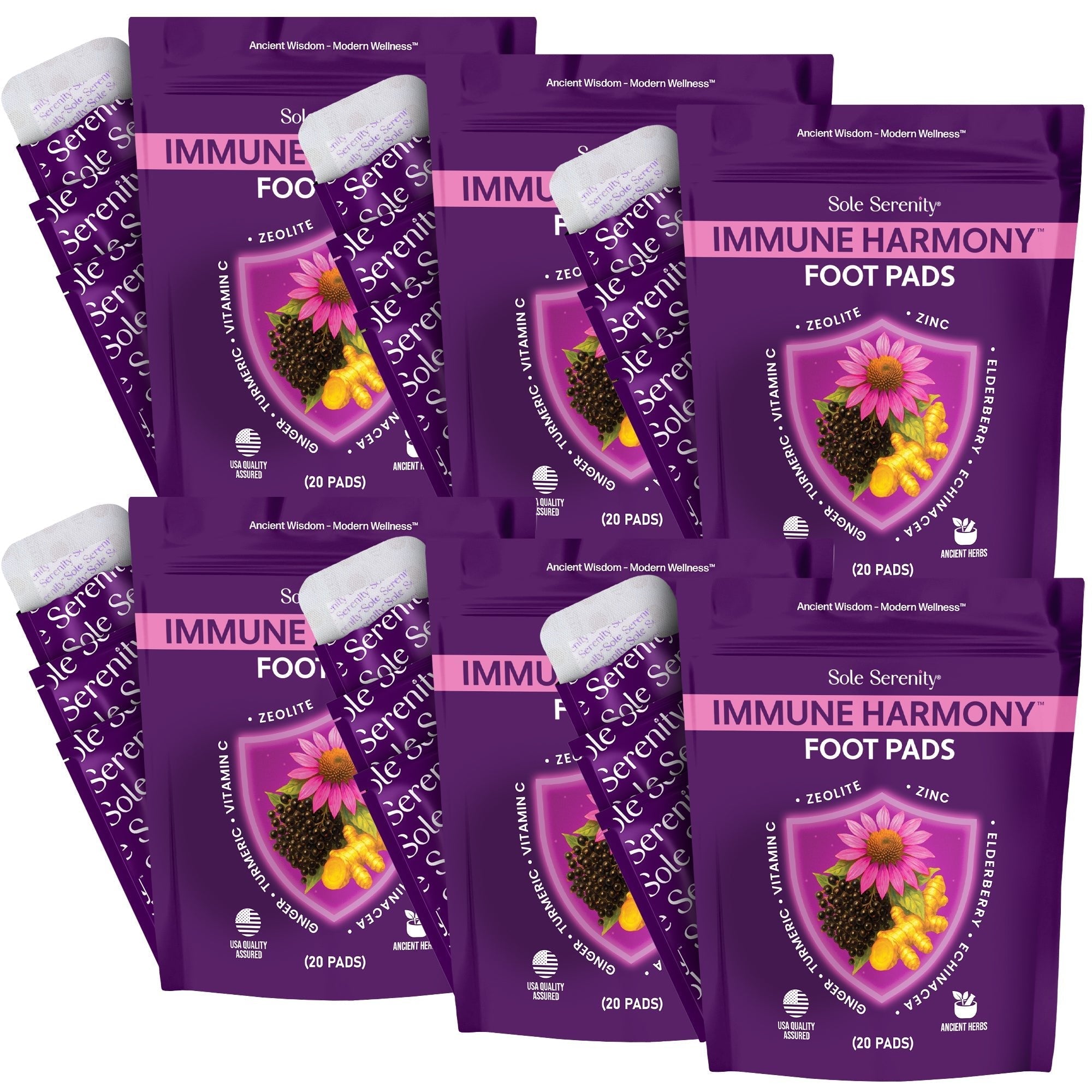 Lure Essentials Immune Harmony Detox Foot Pads with elderberry and zinc in a six-pack, designed for wellness and detox.
