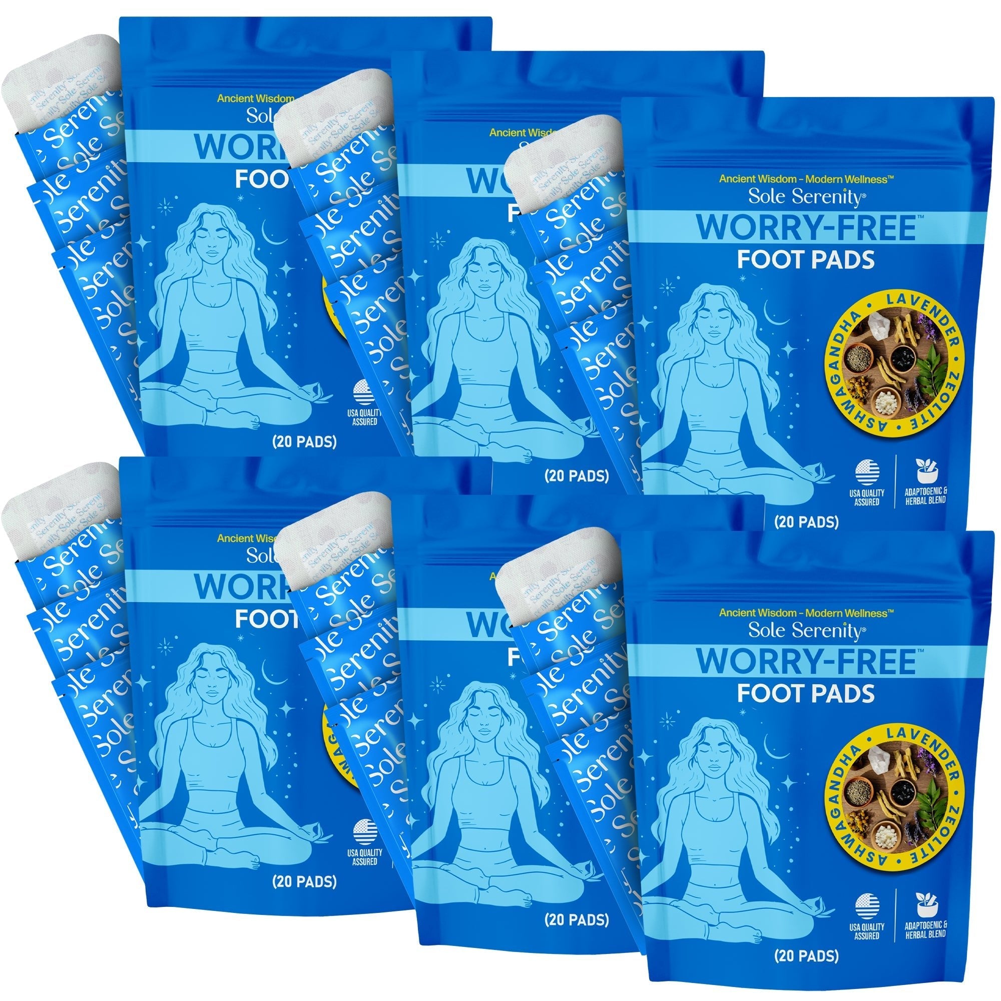 Six packs of Lure Essentials cortisol detox foot pads with adhesive patches for natural detoxification and relaxing foot treatment.