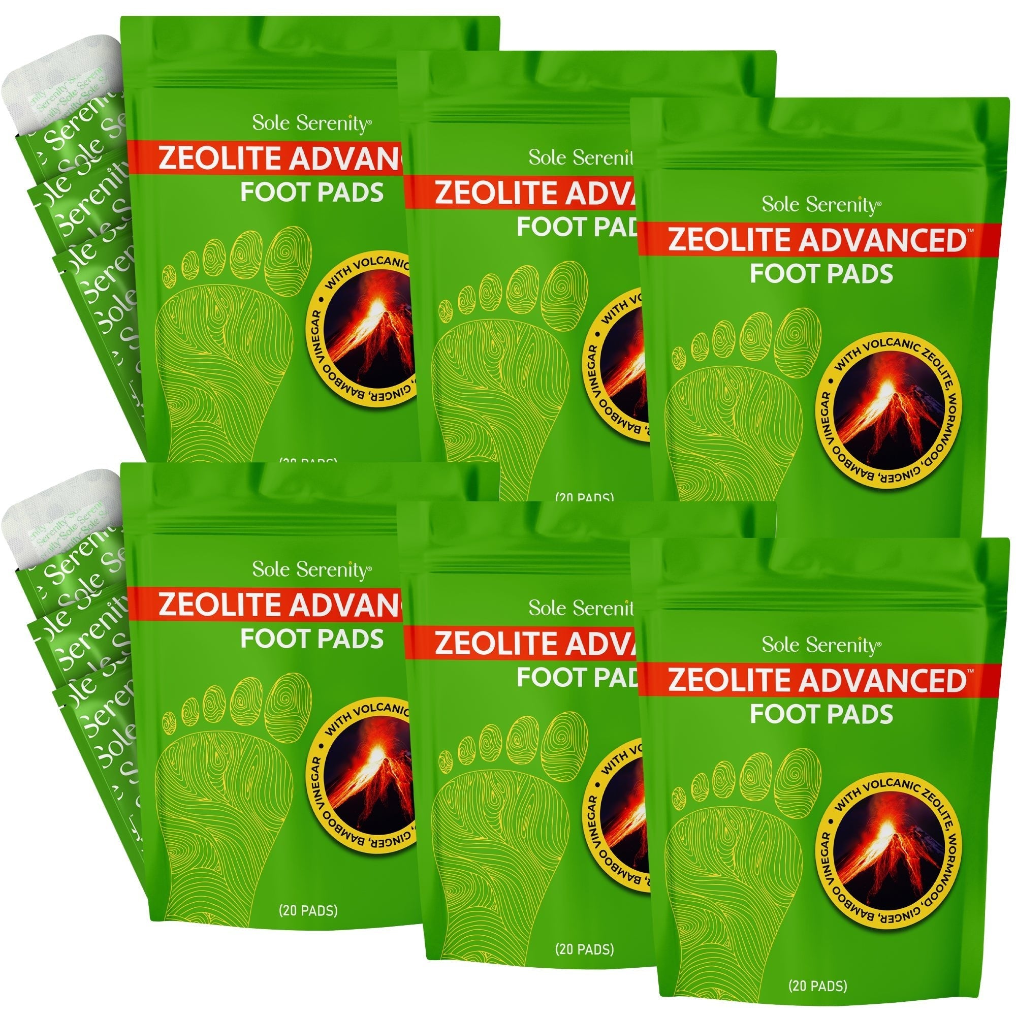 Six packs of Lure Essentials Advanced Zeolite Detox Foot Pads shown in a close-up image, highlighting the product packaging.