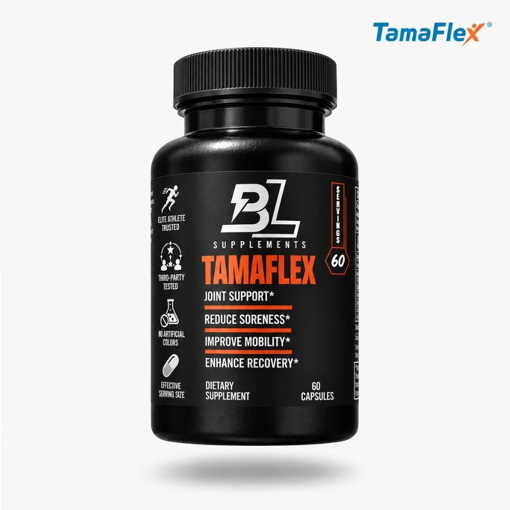 Blacklabel Supplements TAMAFLEX vitamins and supplements serving tray with multiple supplement bottles and labeled containers.
