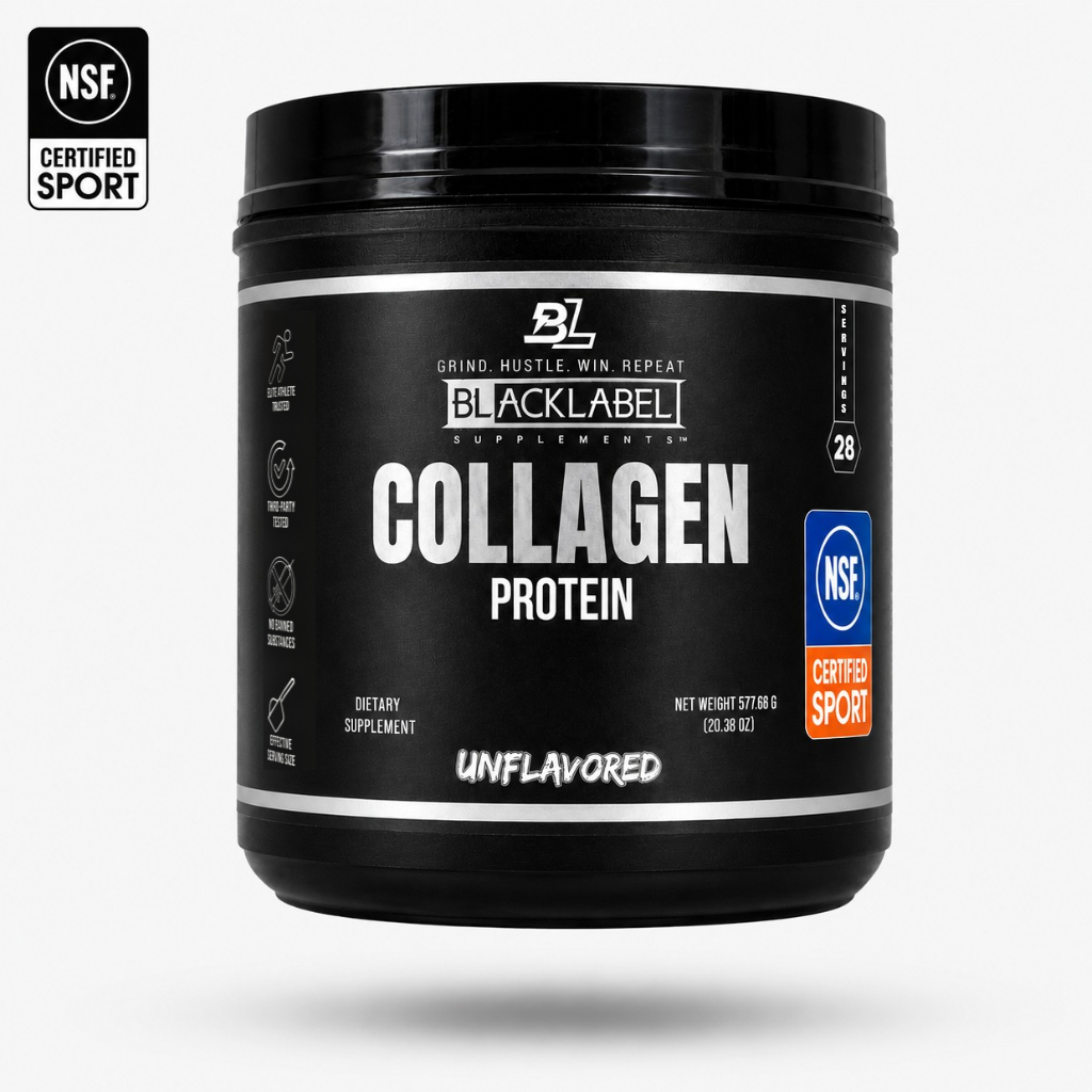 BlackLabel Supplements Collagen Protein powder in a clear scoop, showing the white powder inside the container.