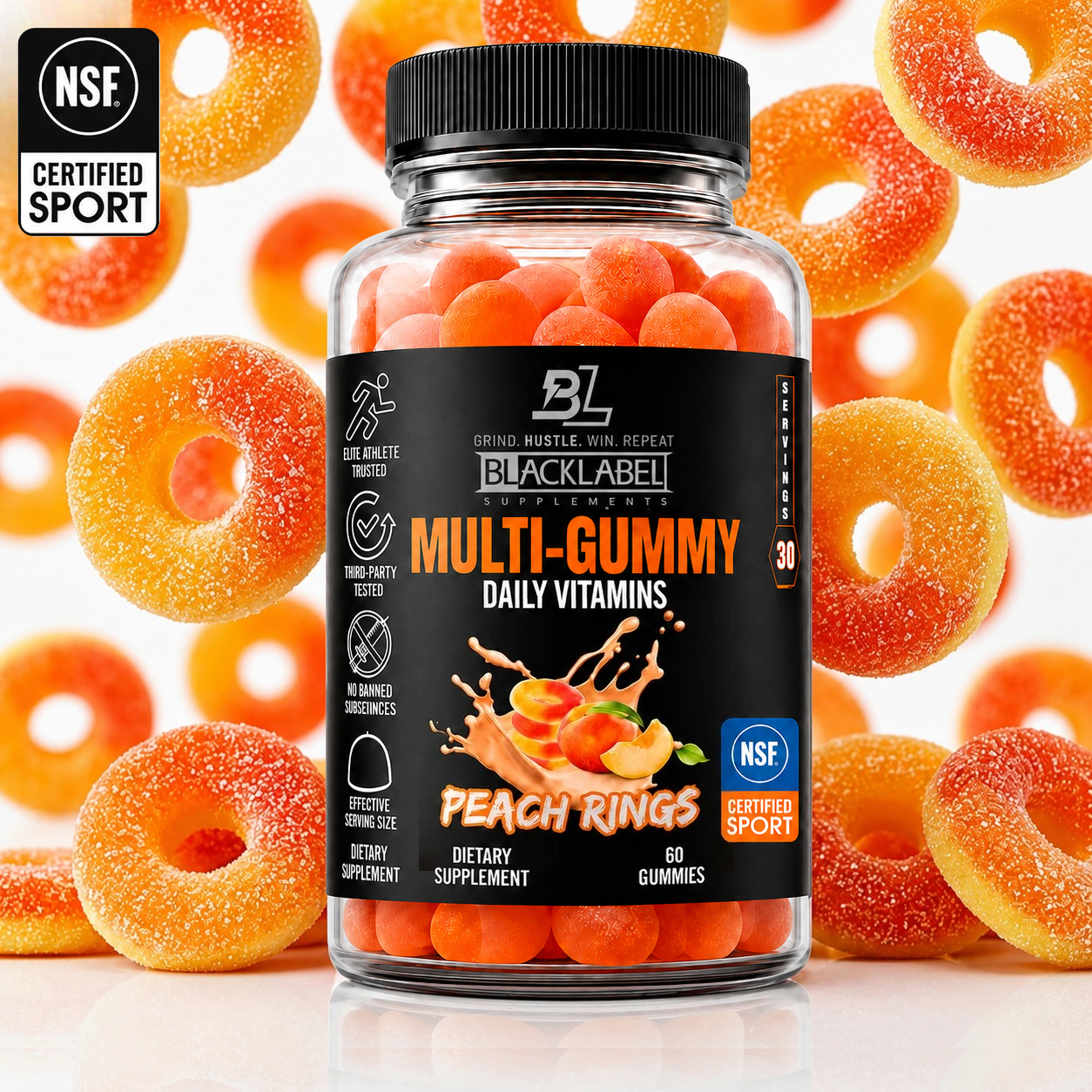 Assorted black label multi gummy vitamins in colorful gummy shapes on a white background