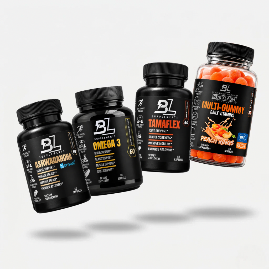 BlackLabel Supplements Health & Wellness Stack with various supplement bottles on a clean white background.