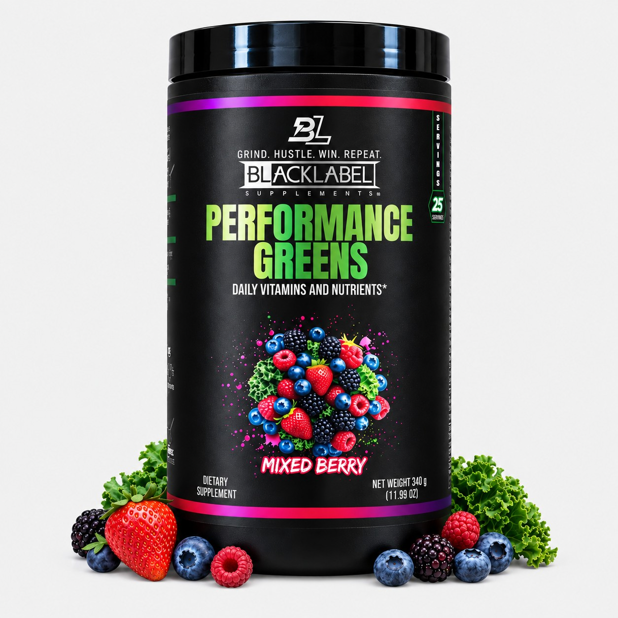 BlackLabel Supplements Performance Greens serving scoop in a clear container, showcasing vibrant green powder for nutritional support.