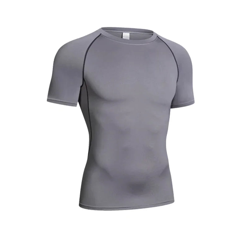 Men's THRIXINE compression long sleeve gym shirt, close-up view showing breathable fabric and fitted athletic design.