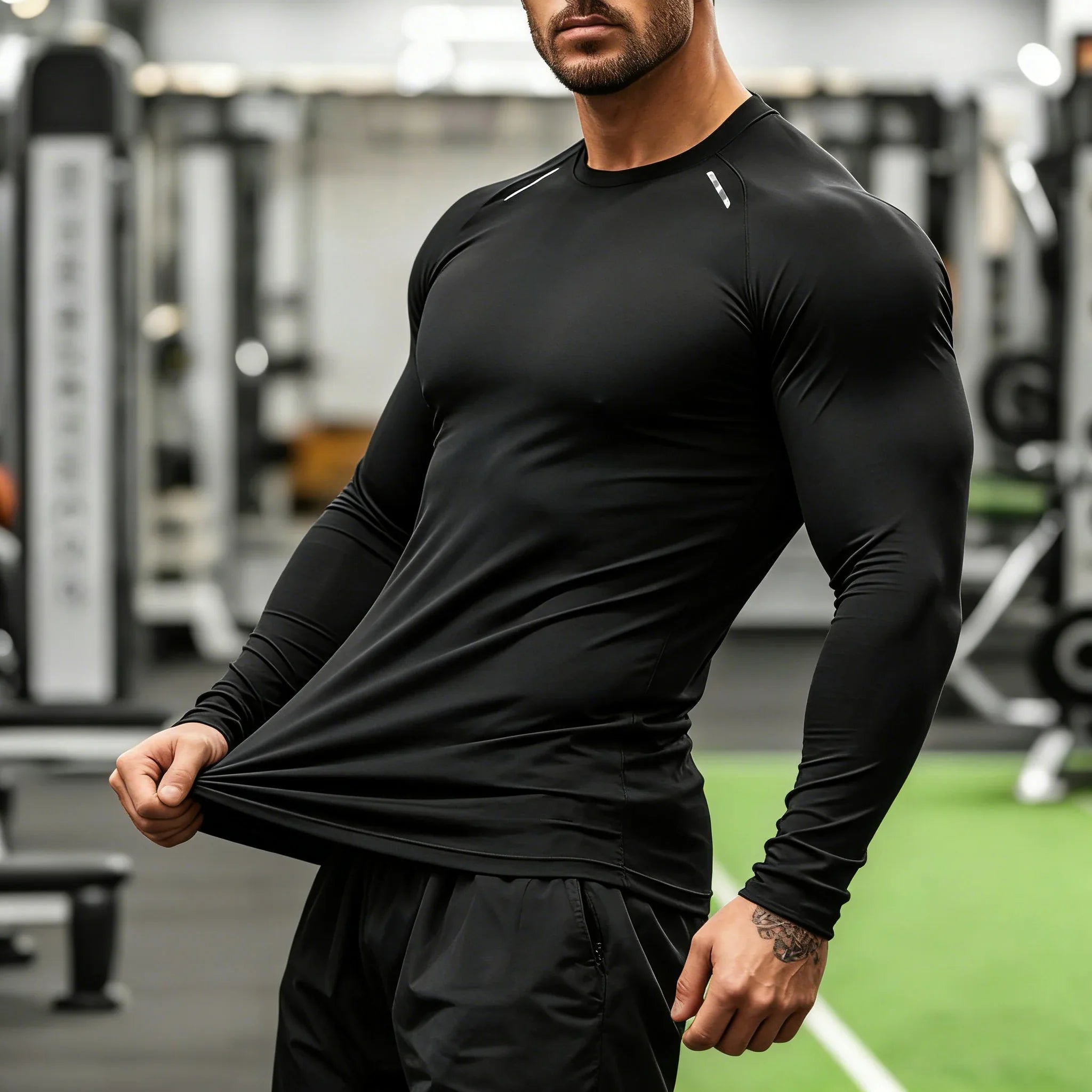 Men's compression long sleeve gym shirt by THRIXINE, form-fitting athletic top with breathable fabric for workout comfort.