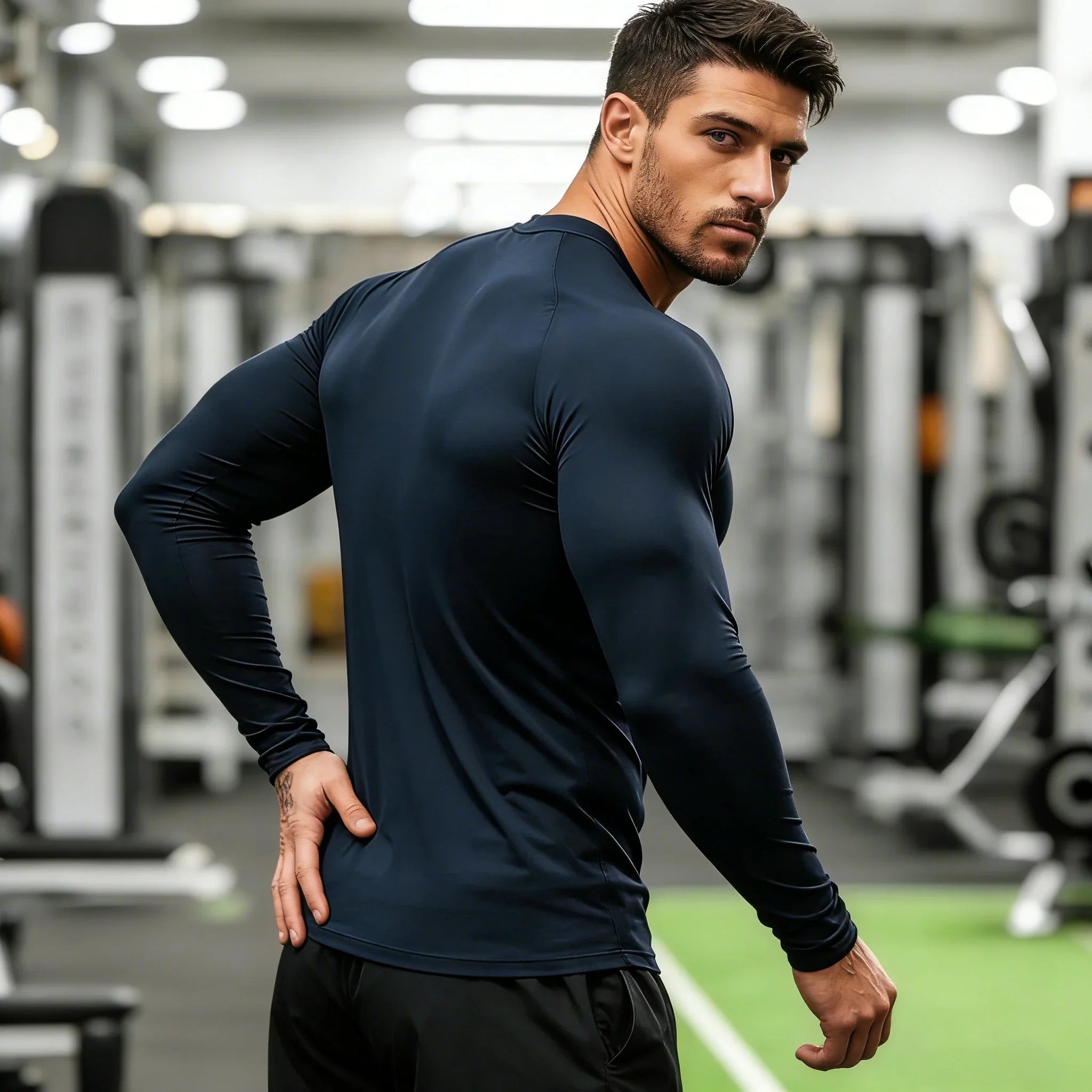 Men's black compression long sleeve gym shirt by THRIXINE, form-fitting athletic top with moisture-wicking fabric.