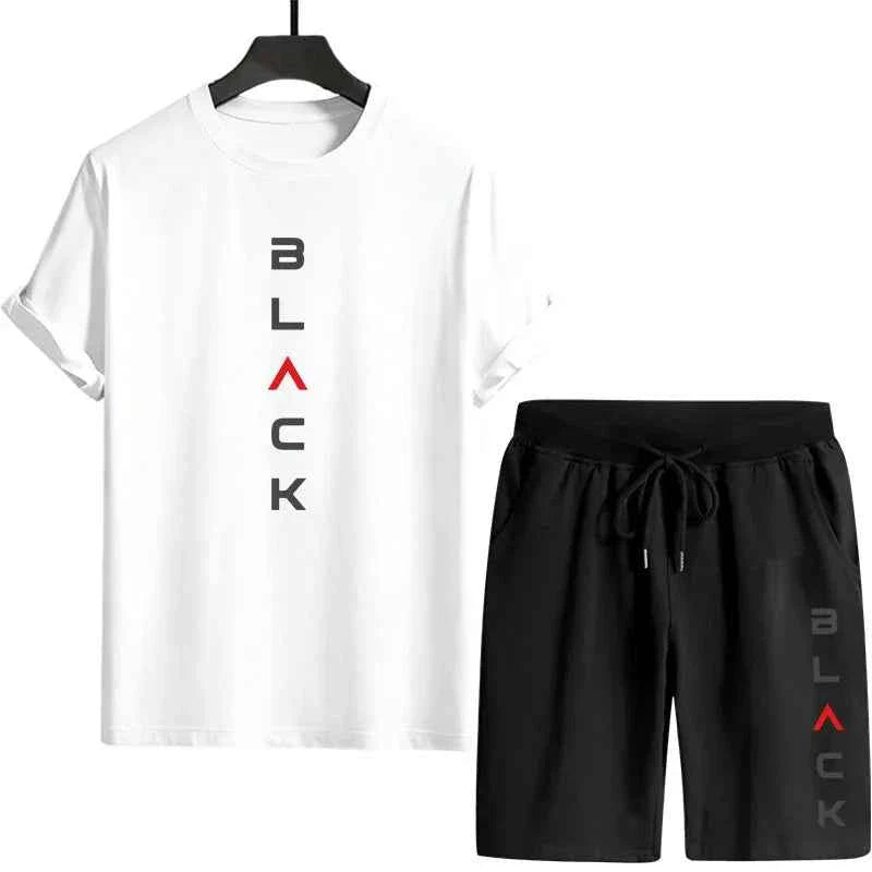 Men's black letter print summer short set by THRIXINE, featuring a casual short-sleeve shirt and shorts in lightweight fabric.
