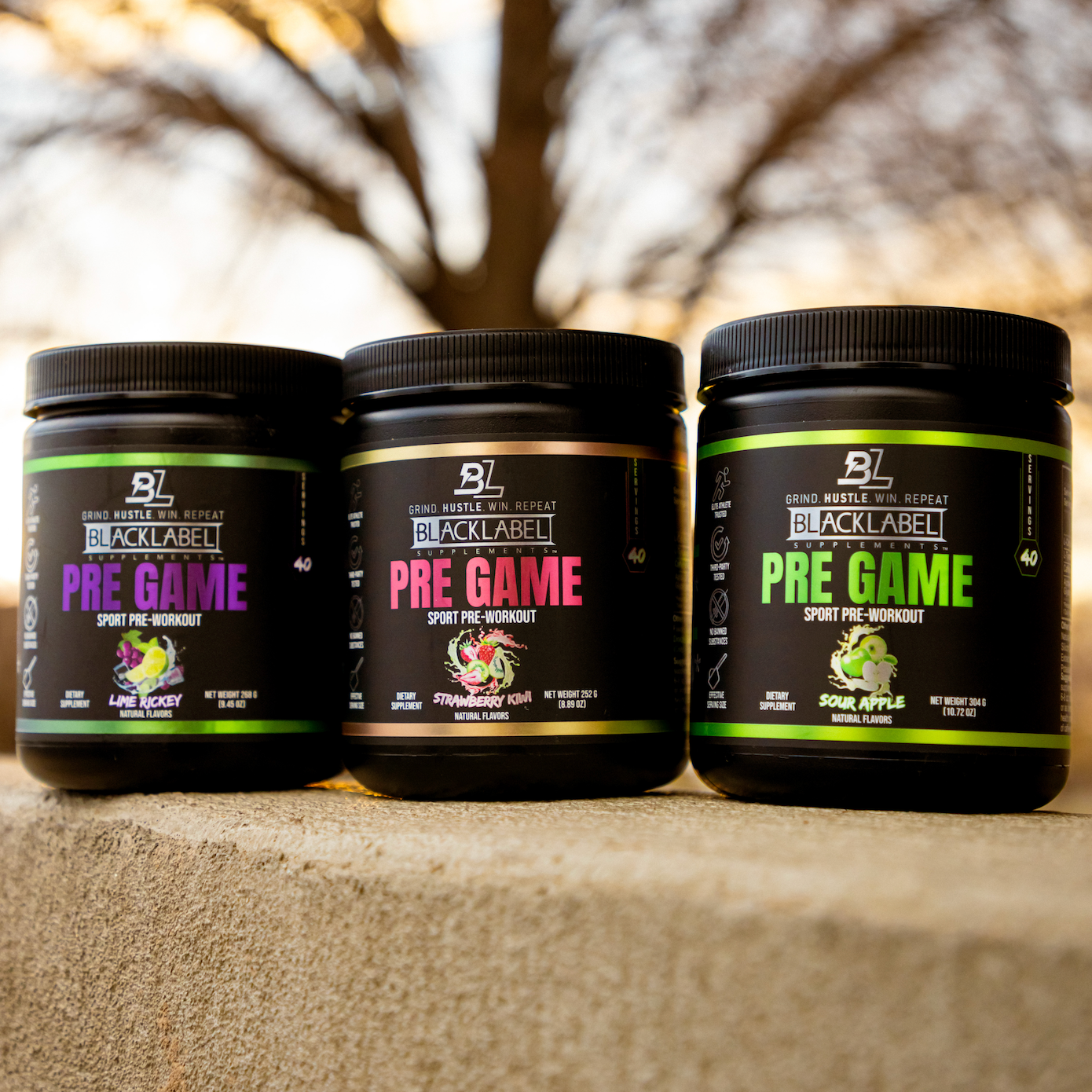 Blacklabel Supplements PRE GAME supplement container with label showing product details and branding.