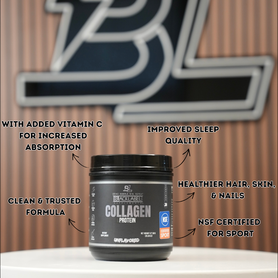 BlackLabel Supplements collagen protein powder in a scoop with a jar, showcasing the product container and scoop in the image.