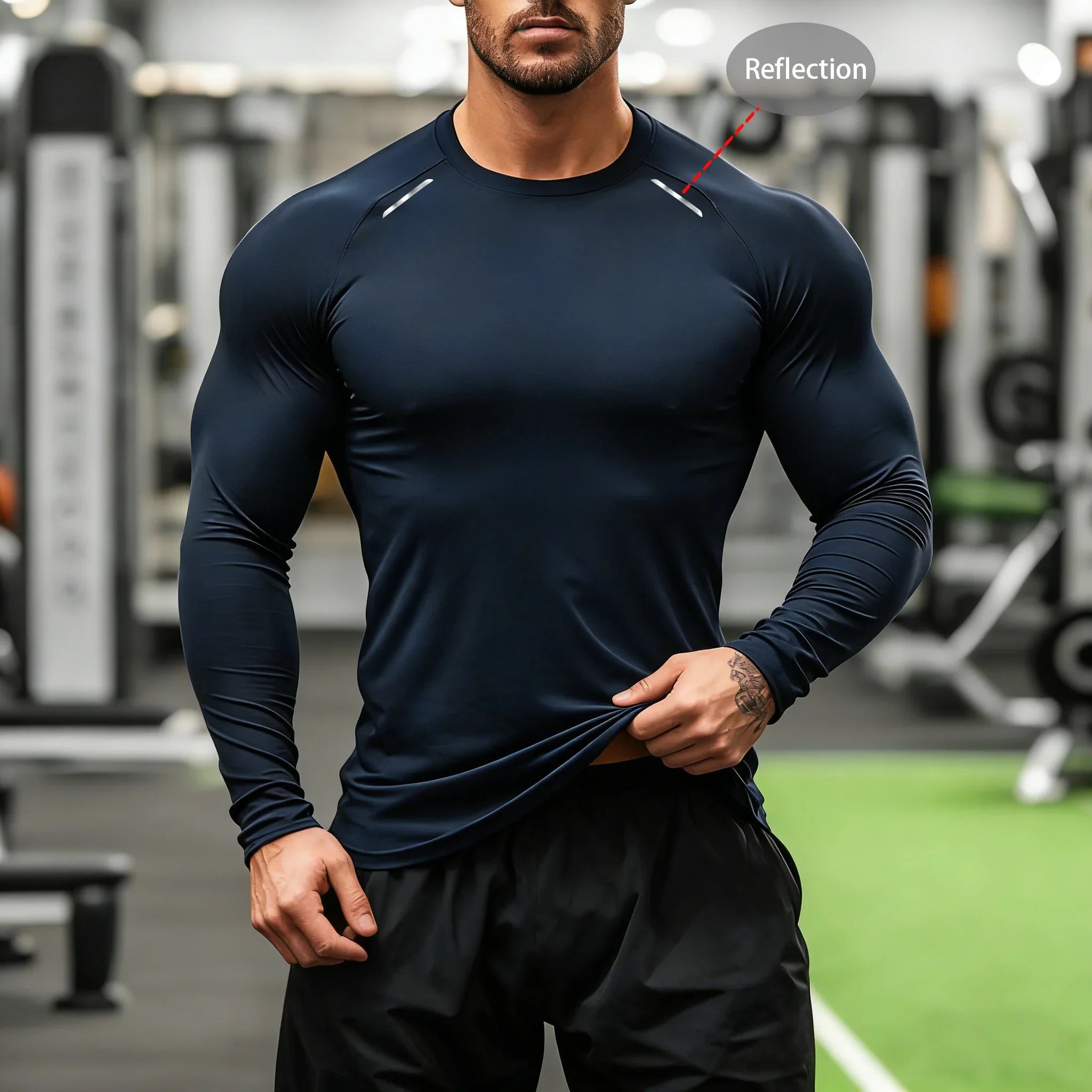Men's black compression long sleeve gym shirt by THRIXINE, fitted athletic top with seamless design for workout comfort.