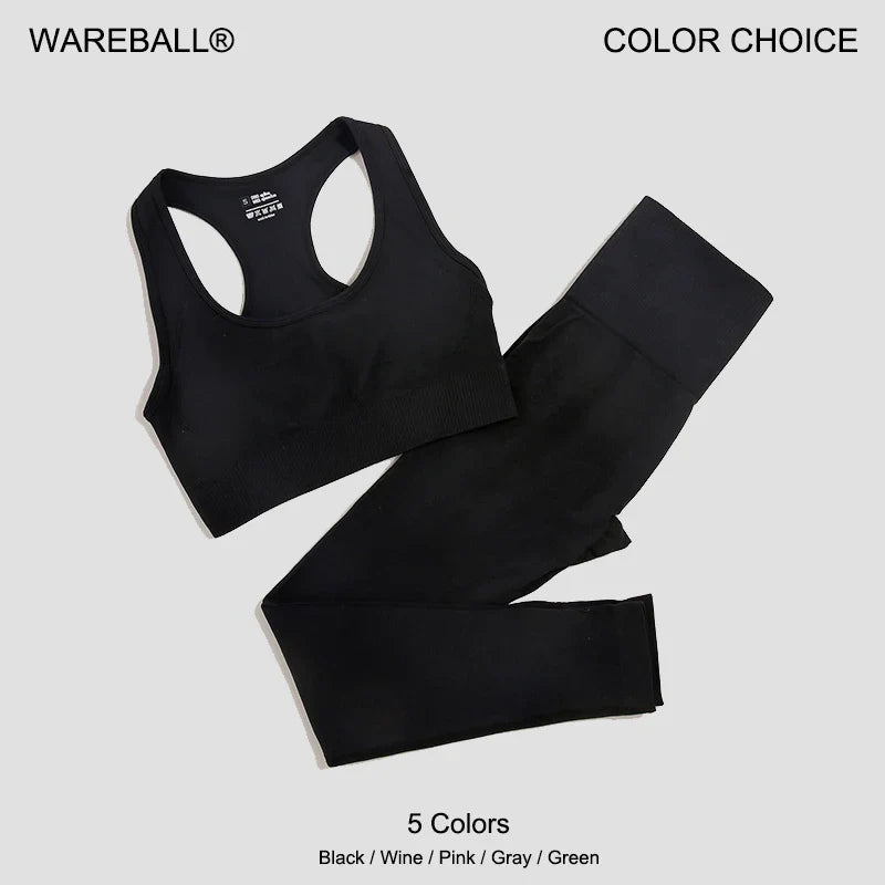 Seamless women's yoga set by THRIXINE featuring a matching sports bra and high-waisted leggings in black for active fitness wear.