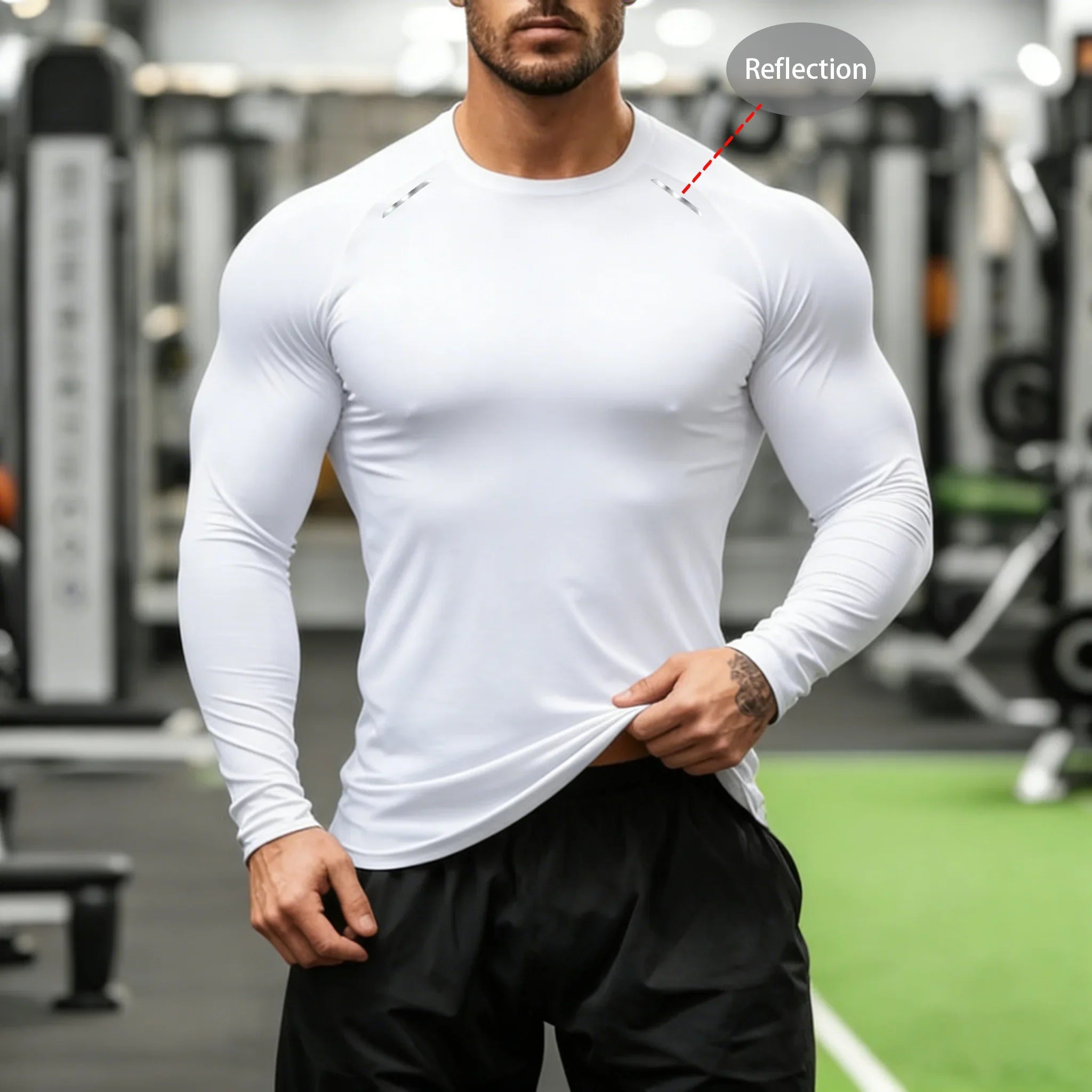 Men's THRIXINE compression long sleeve gym shirt, fitted athletic top for workout and sports, black and moisture-wicking fabric.