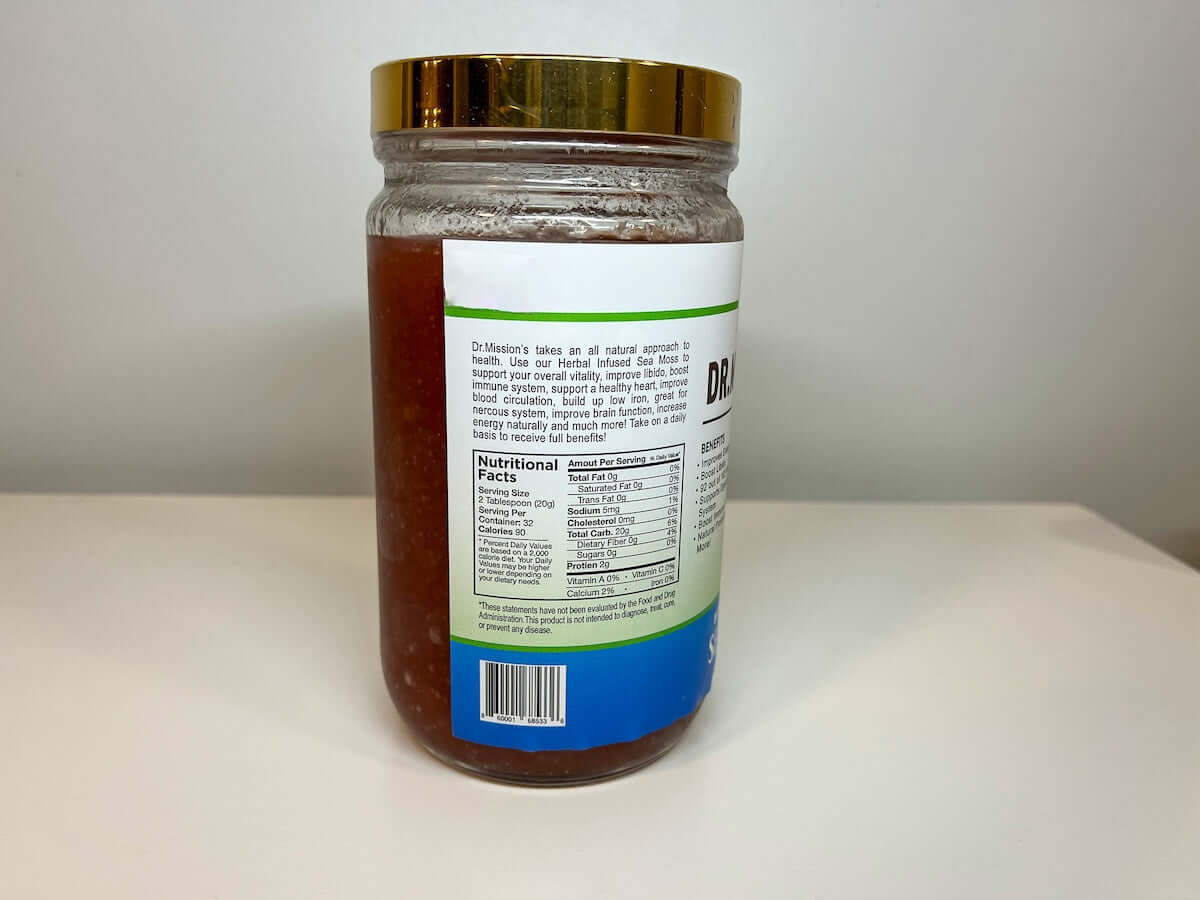 Sea moss gel by VeggieVerve for energy boost, showing a jar of Dr. Mission Sea Moss Gel with fresh sea moss in the background.