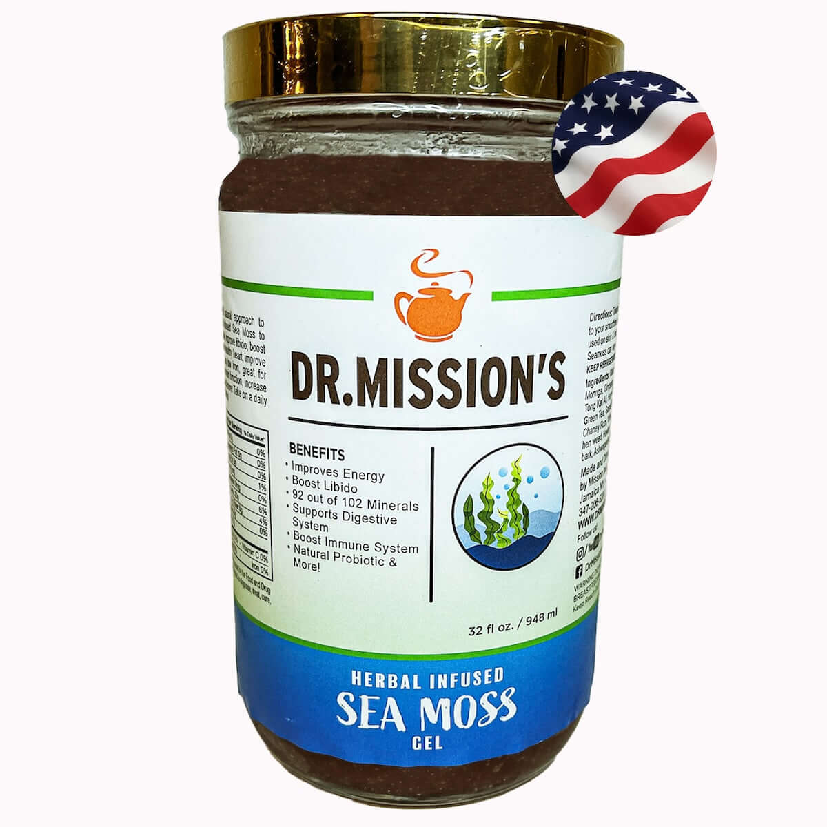 Sea moss gel by VeggieVerve, Dr. Mission Sea Moss Gel, shown in a jar with fresh sea moss for natural energy boost.