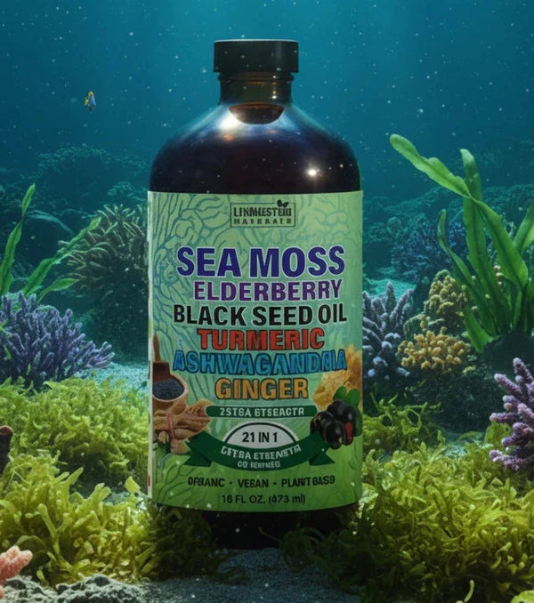 Vegan supplement Sea Moss Supreme by VeggieVerve featuring black seed, elderberry, and adaptogens in a natural supplement blend.