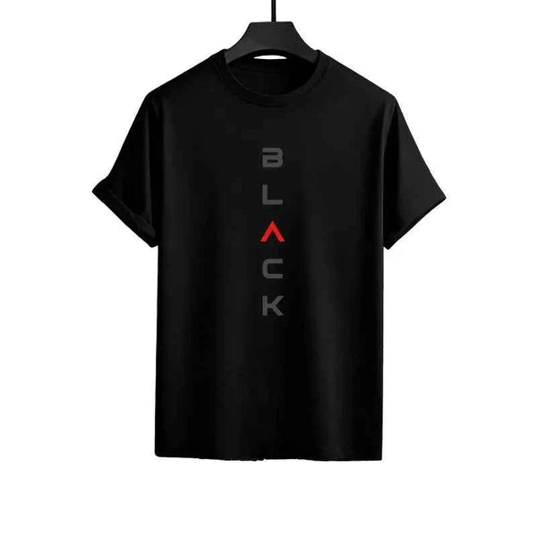 Men's black letter print summer short set by THRIXINE, featuring a casual short-sleeve shirt and matching shorts.
