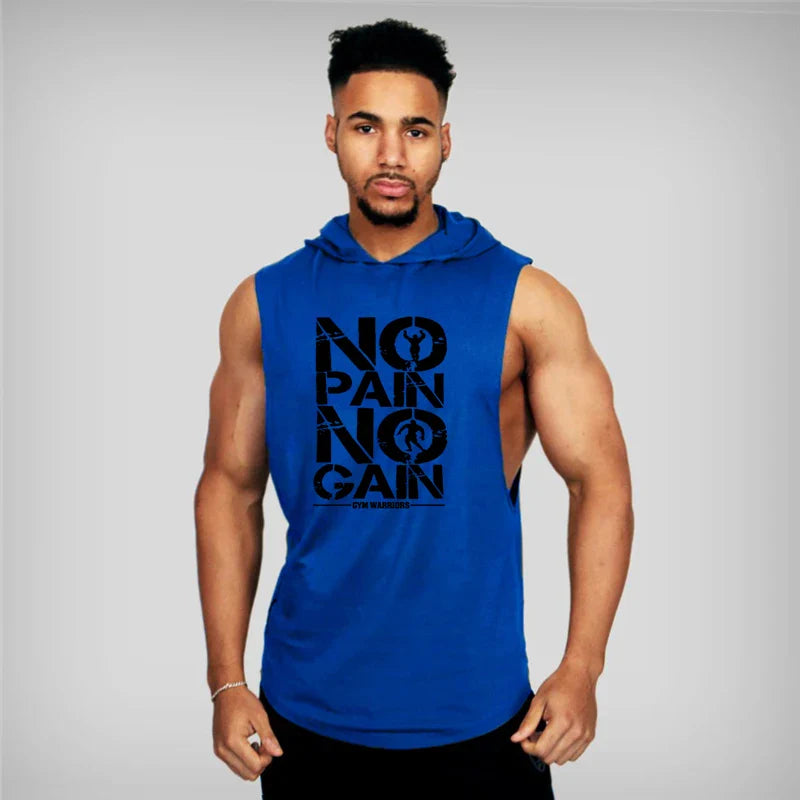 Men's sleeveless hooded gym tank top by THRIXINE, showing the black athletic sleeveless hoodie with front pocket and drawstrings.