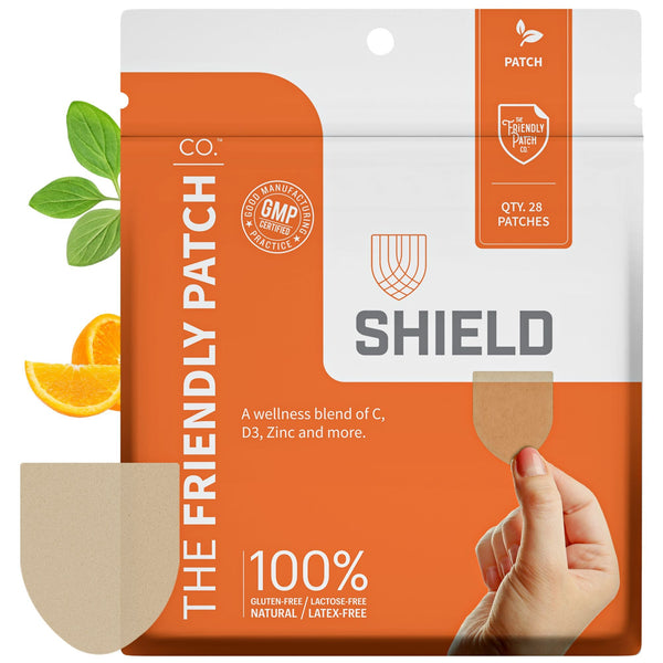Shield Wellness Patches from Friendly Patch Co, a 28-pack of natural immunity and wellness patches shown in the image.