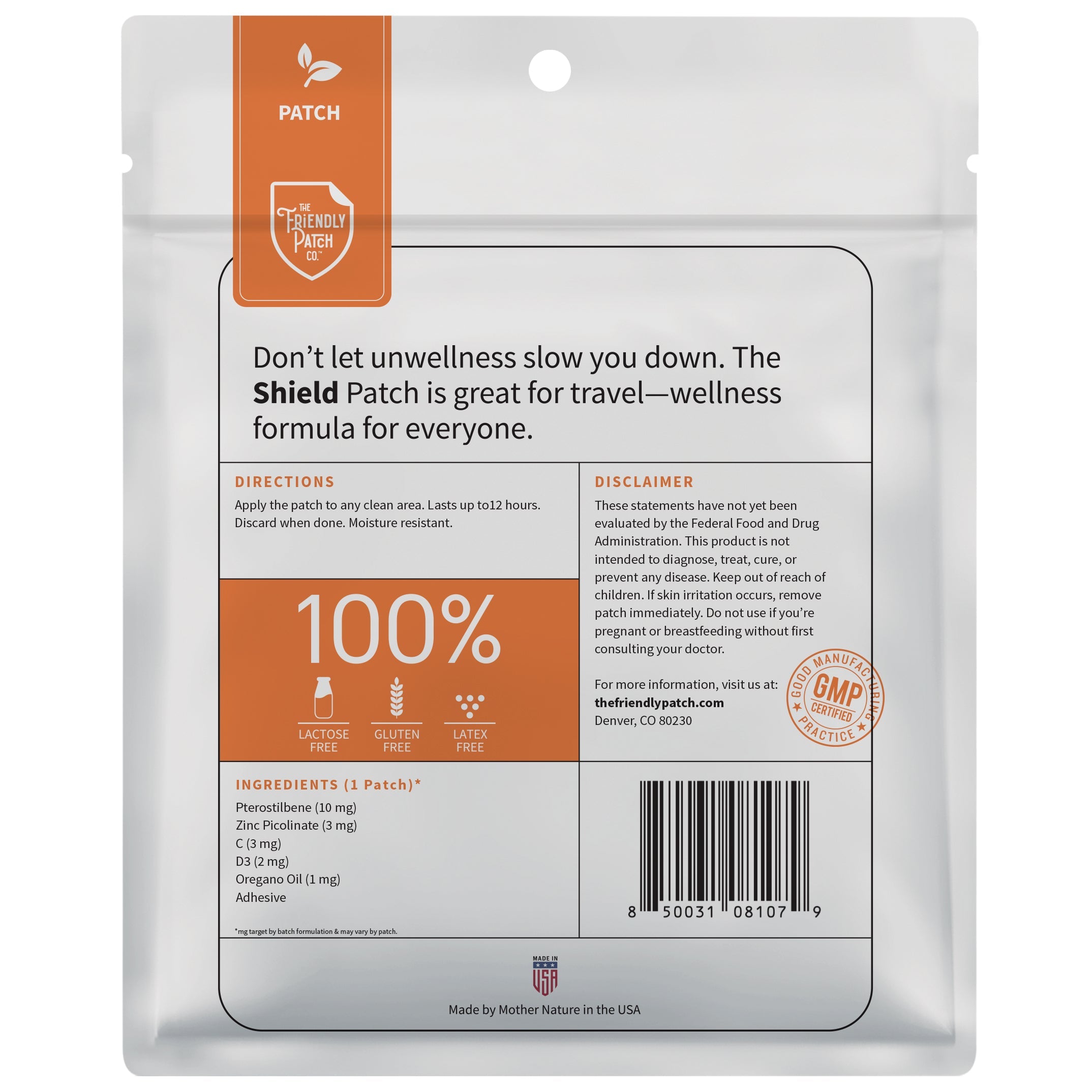 Back view of Shield Wellness Patches by Friendly Patch Co, a 28-pack of immunity and wellness patches on a white background.