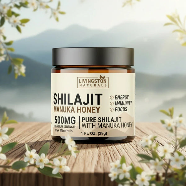 Pure Shilajit resin with Manuka honey from VeggieVerve, showcasing the natural resin and honey blend in a clear jar.