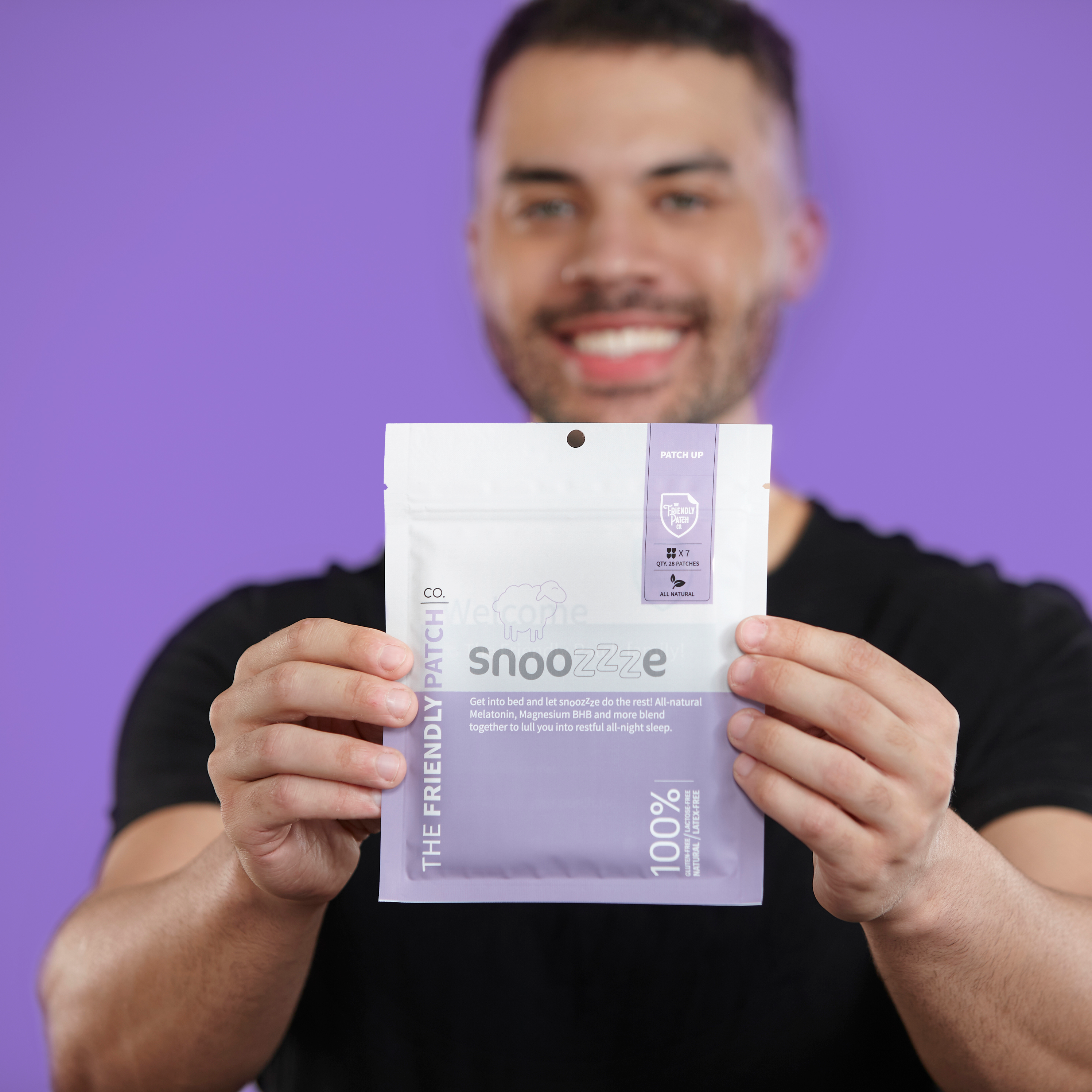 Friendly Patch Co Snooze sleep patches with melatonin, ashwagandha, and magnesium on skin, designed for wearable sleep support.