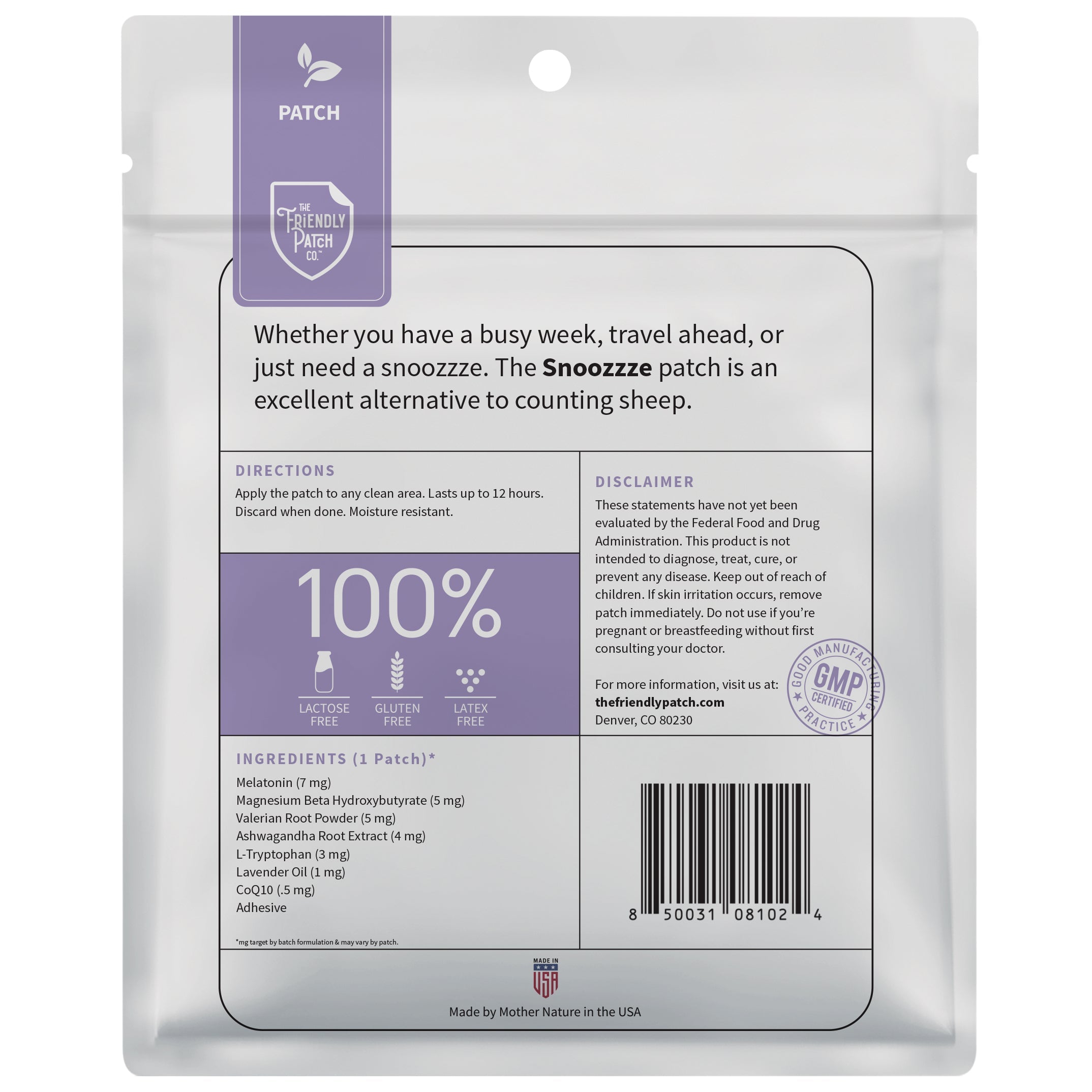 Back view of Snooze Sleep Patches by Friendly Patch Co, a wearable skin supplement with melatonin, ashwagandha, and magnesium.