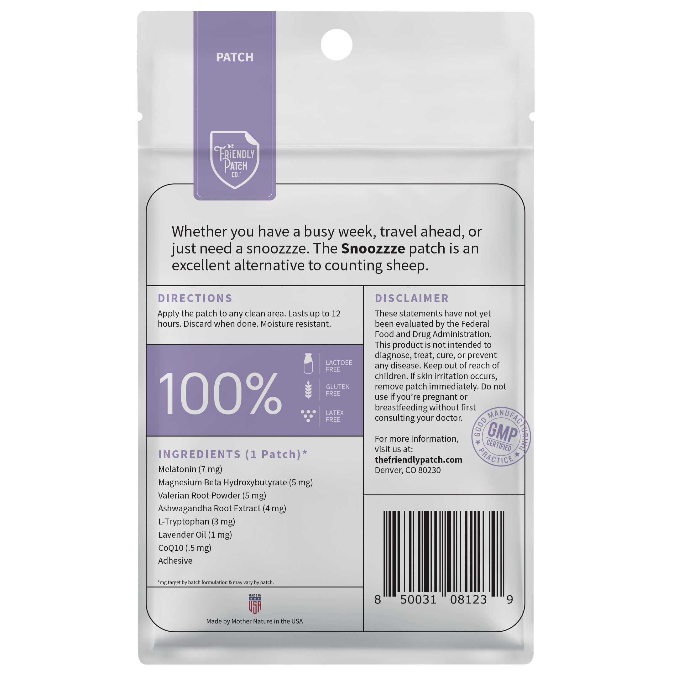 Back view of Friendly Patch Co Snooze Melatonin Sleep Patches with Ashwagandha, Magnesium BHB, Valerian root in an 8-pack travel set.