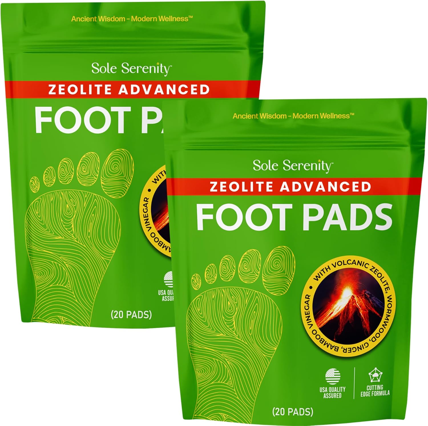 Pair of Lure Essentials Advanced Zeolite Detox Foot Pads attached to soles for detoxification and relaxation.