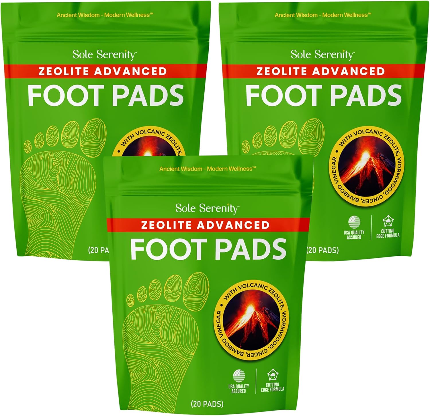 Pack of three Lure Essentials Advanced Zeolite Detox Foot Pads applied to soles, showing natural foot skin and adhesive patches.