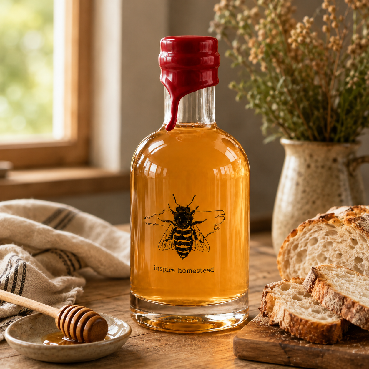 Jar of Inspira Homestead Sourwood Honey with a honey dipper and sourwood flowers, showcasing the collector’s wax-dipped honey.