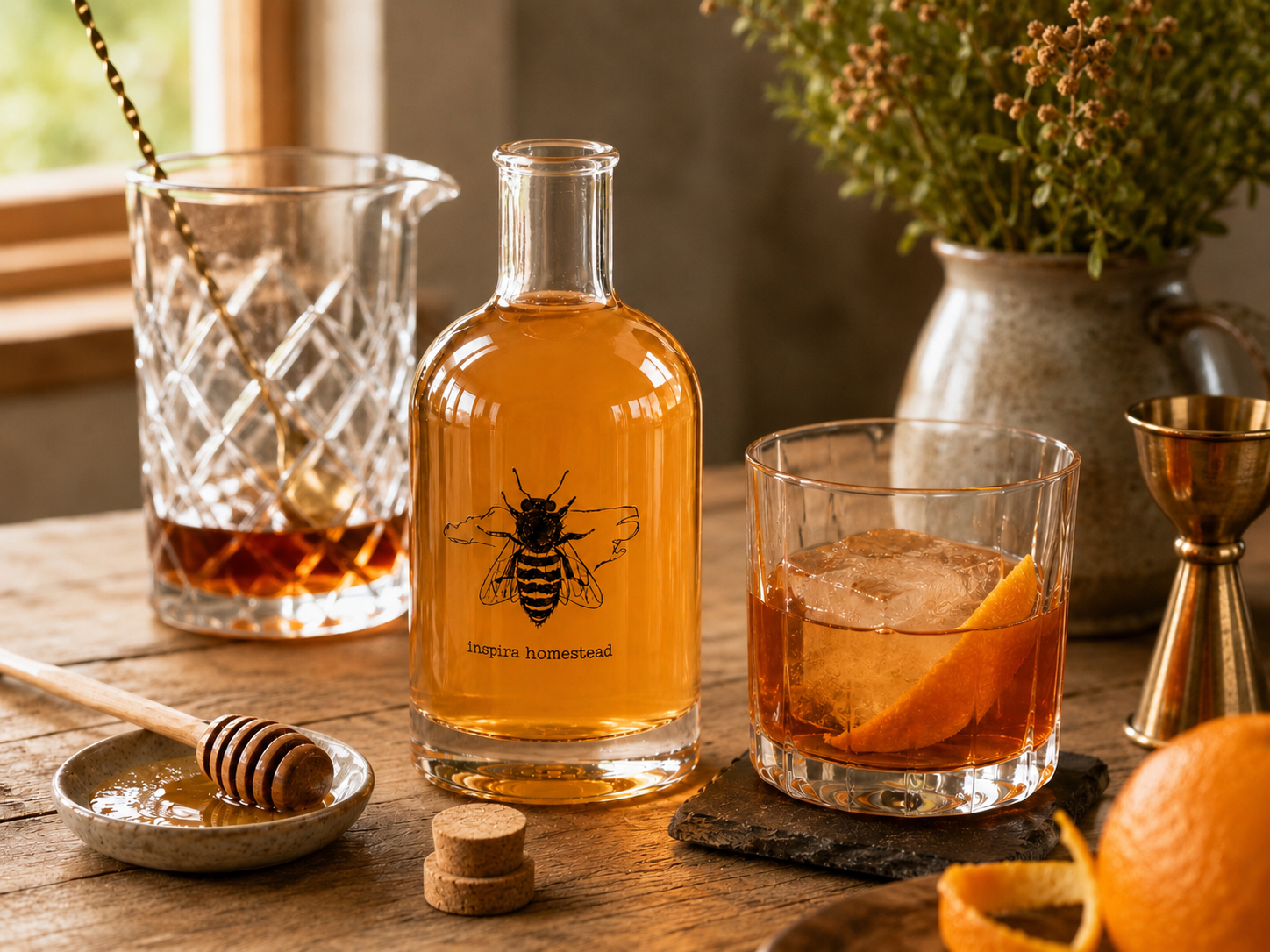 Jar of Inspira Homestead Sourwood Honey with a wax dip, showcasing rich amber color and textured honeycomb in a rustic setting.