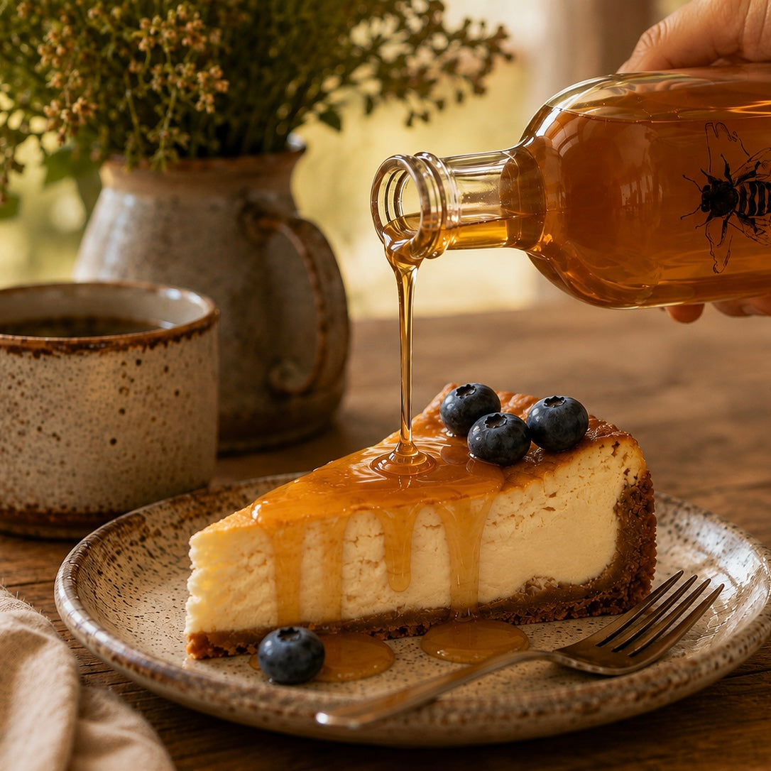 Sourwood honey drizzled over cheesecake, showcasing Inspira Homestead’s wax-dipped sourwood honey in a close-up shot.