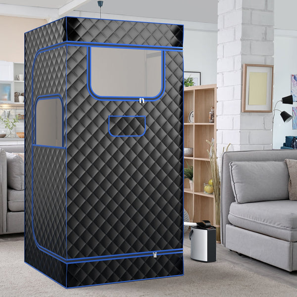 Black portable steam sauna with 3L steam generator, remote control, wood foot massager, and foldable chair for home use.