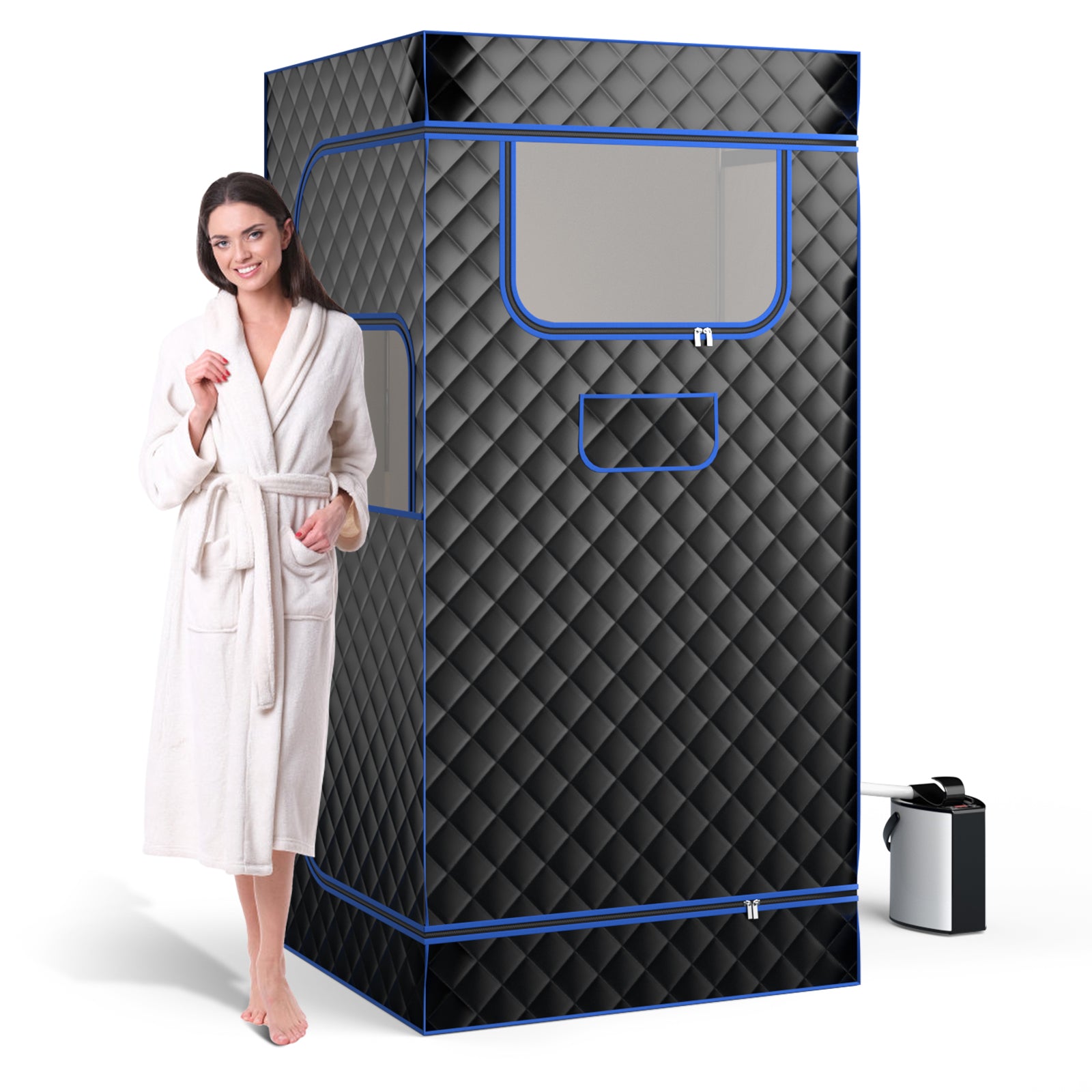 Black portable steam sauna with 3L steam generator, remote control, wood foot massager, and foldable chair for home use.