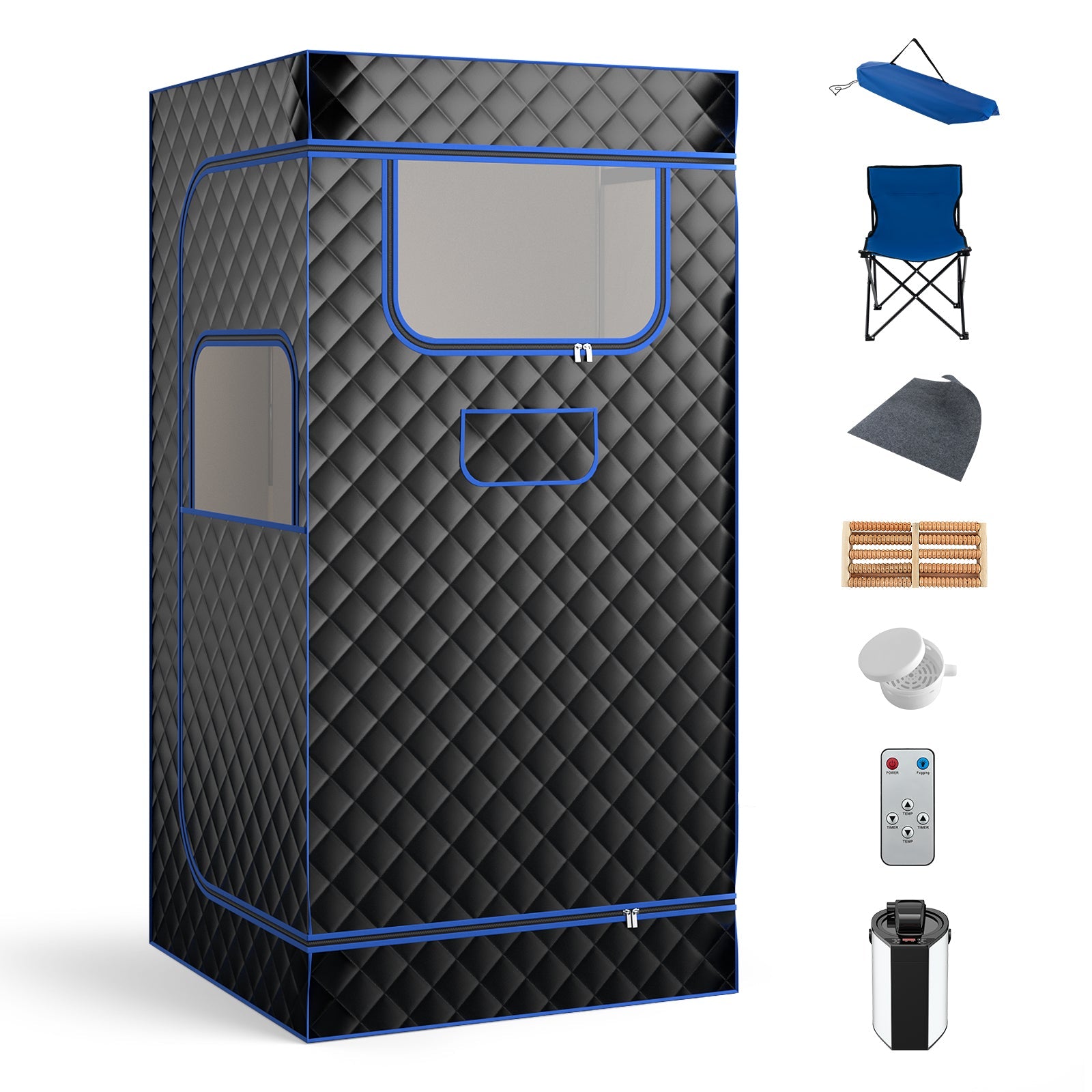 Gamba Beauty portable black steam sauna with 3L steam generator, remote control, foot massager, and foldable chair for home use