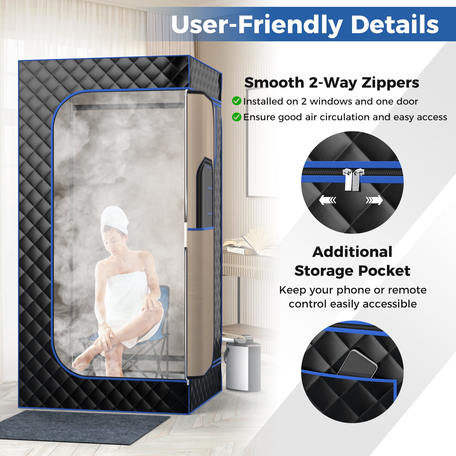 Black portable steam sauna with 3L steam generator, remote control, wood foot massager, and foldable chair for home relaxation.