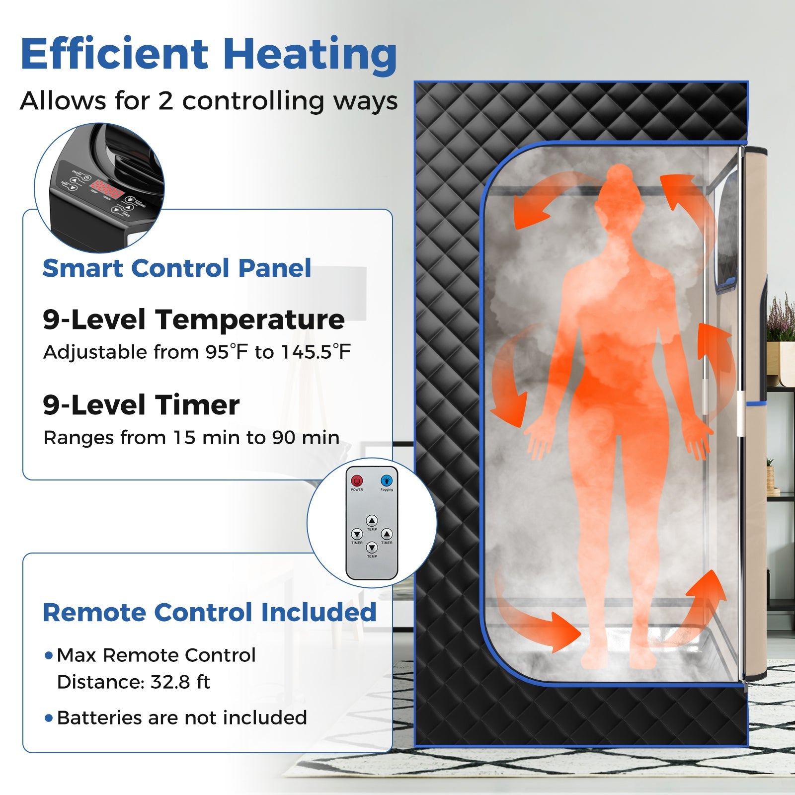 Black portable steam sauna with 3L generator, remote control, wooden foot massager, and foldable chair for home relaxation by Gamba Beauty.