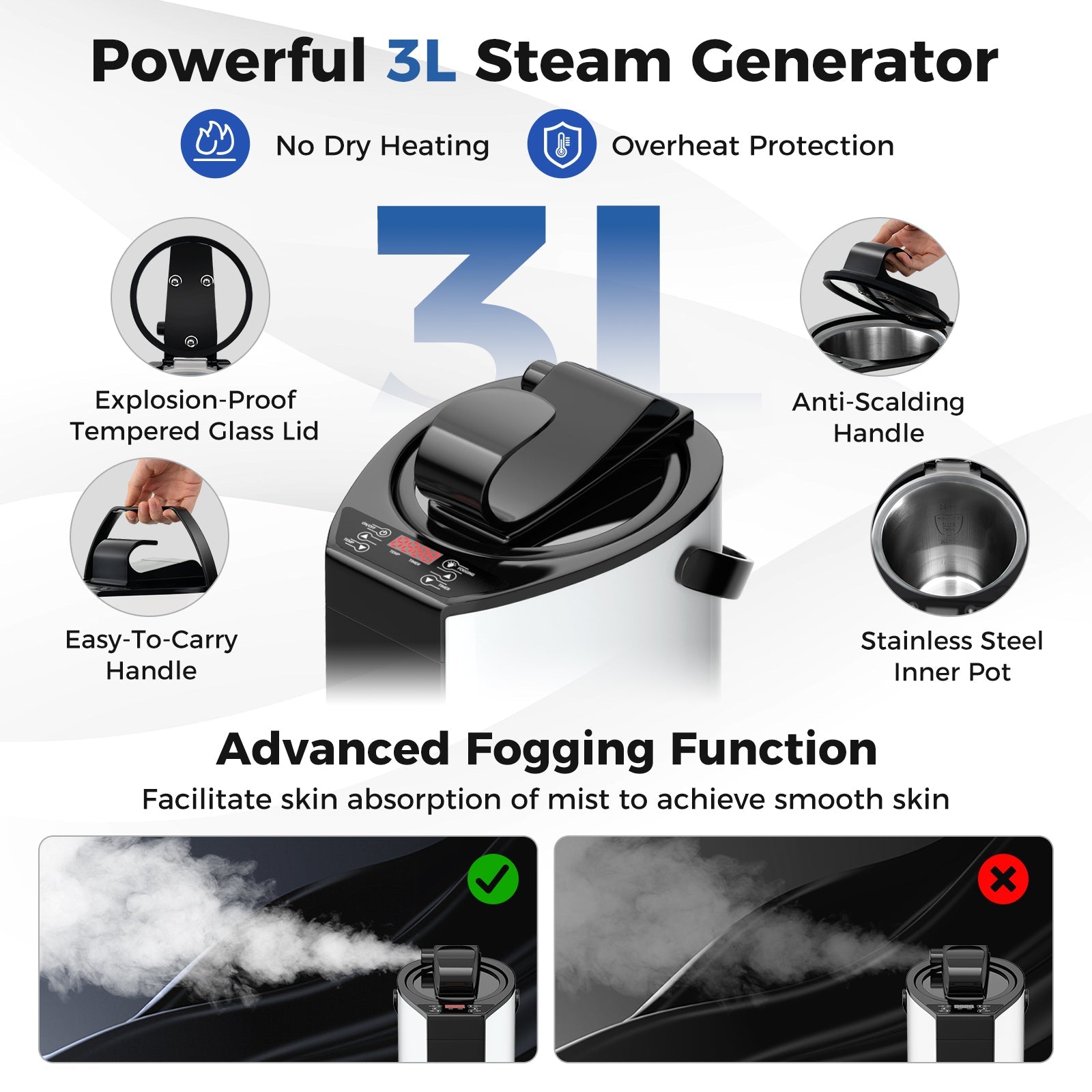 Black portable steam sauna with 3L steam generator, remote control, wood foot massager, and foldable chair for home use