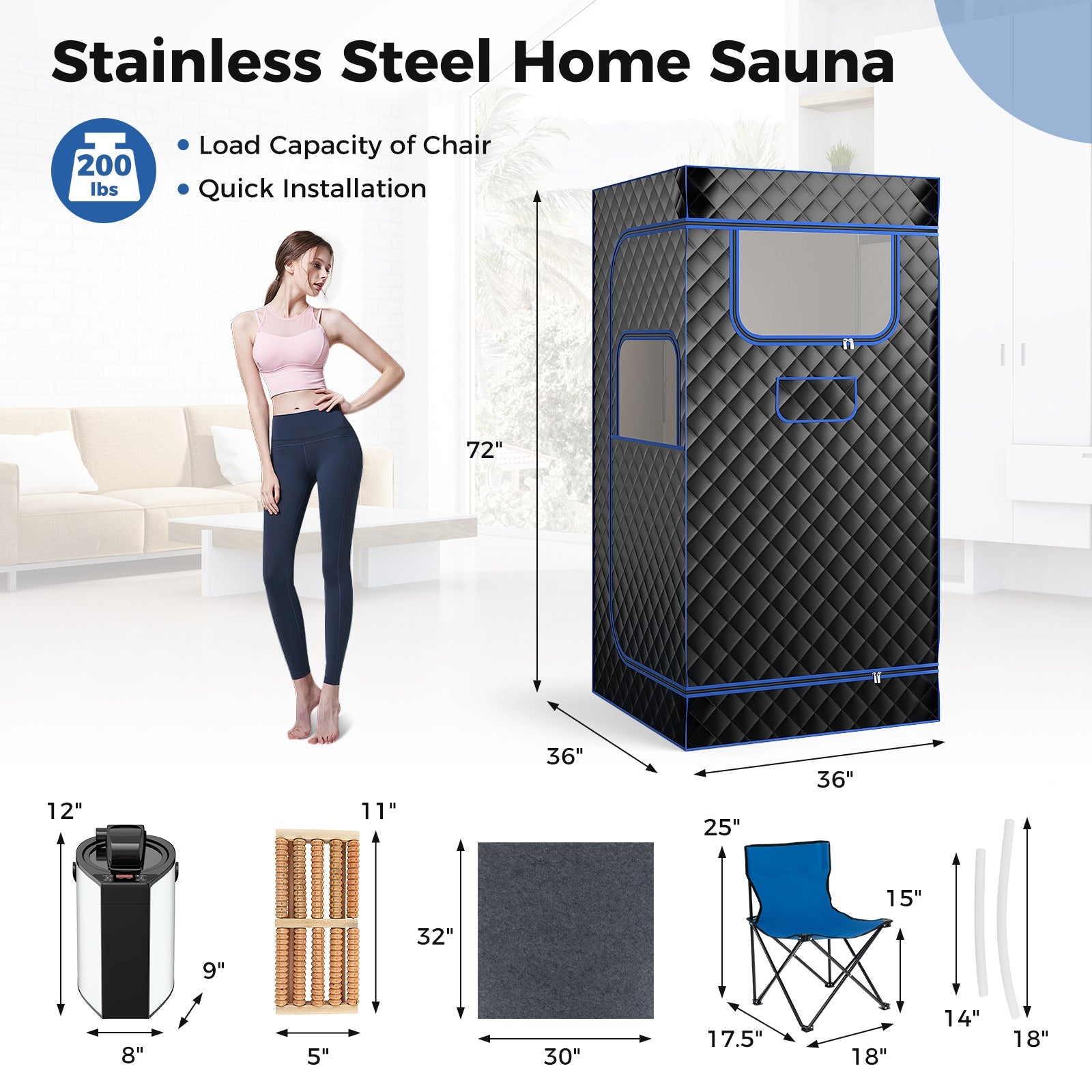 Black portable steam sauna with 3L steam generator, remote control, wood foot massager, and foldable chair for home use.